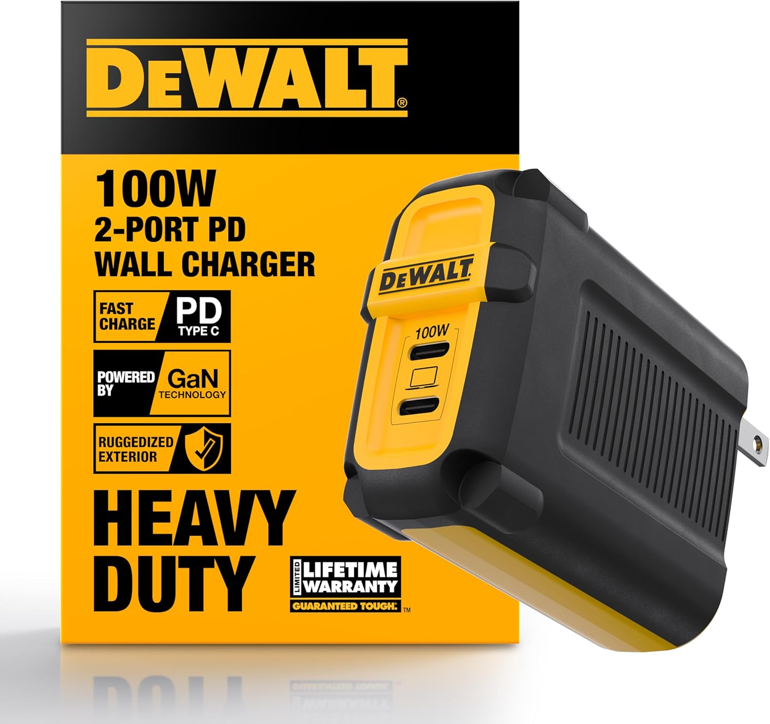 DEWALT Heavy Duty 100W USB C Charger Block(GaN), 2 Port 100 Watt Fast Compact Wall Charger for MacBook Pro, MacBook Air, Google Pixelbook, ThinkPad, Dell XPS, iPad Pro, Galaxy S22/S20, iPhone 16/15/14