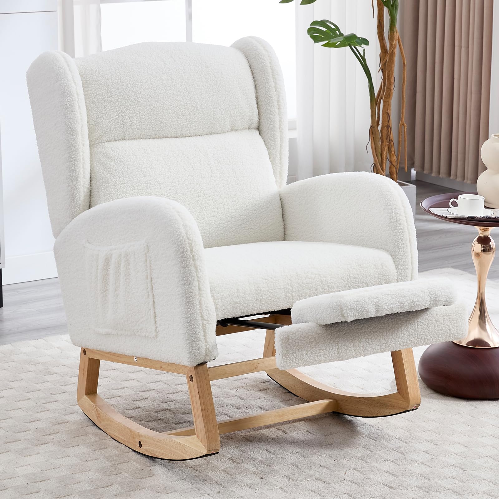 NIOIIKIT Nursery Rocking Chair with Footrest, Teddy Upholstered Glider Chair, Rocker Nursery Chair with Side Pocket, Glider Rocker, Accent Reading
