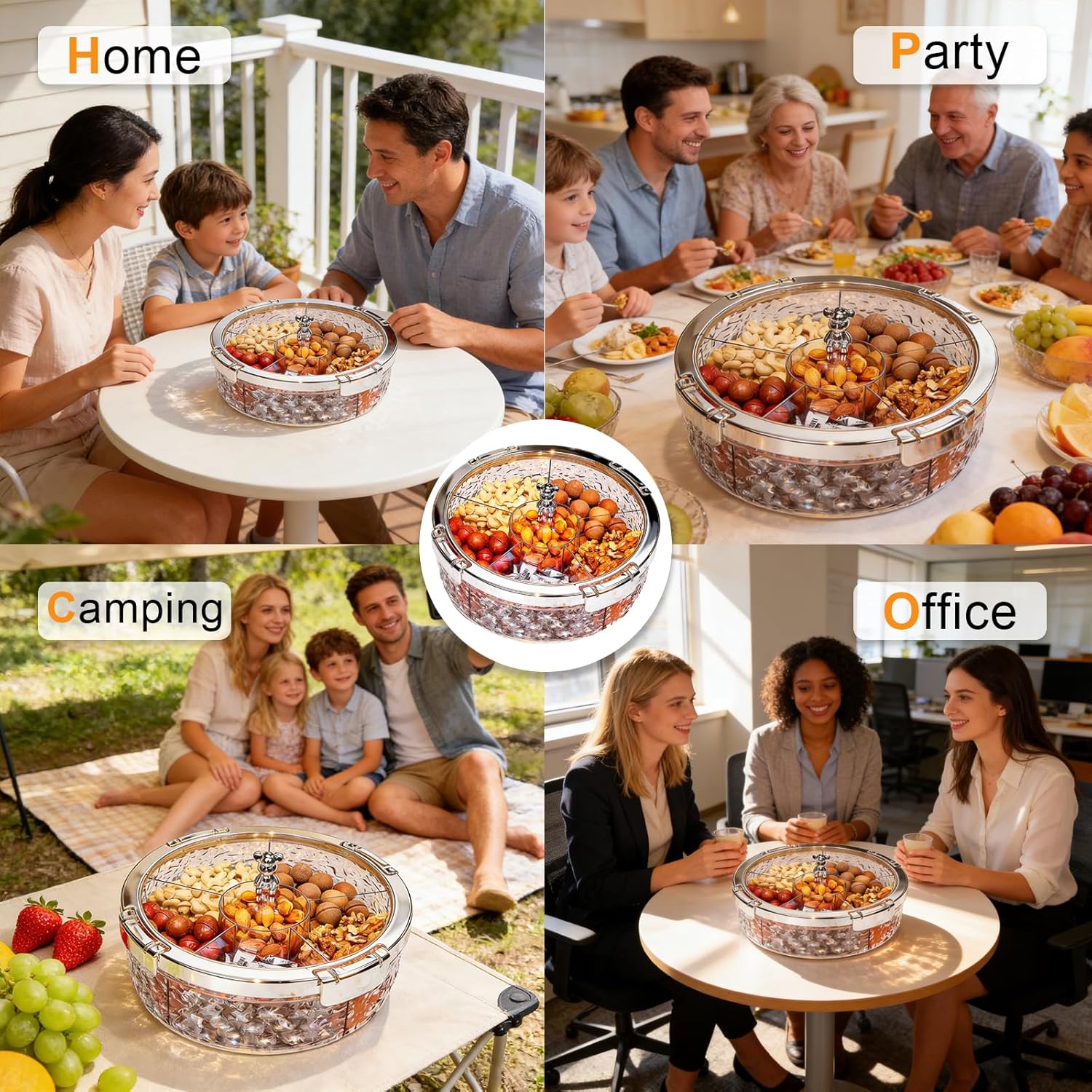 Round 6-Compartment Snack Box & Candy Dish, Clear Divided Serving Tray with Locking Lid – for Nuts, Cookies, Fruits & Veggies, Portable for Party, Picnic, Fridge Storage, Easy to Clean