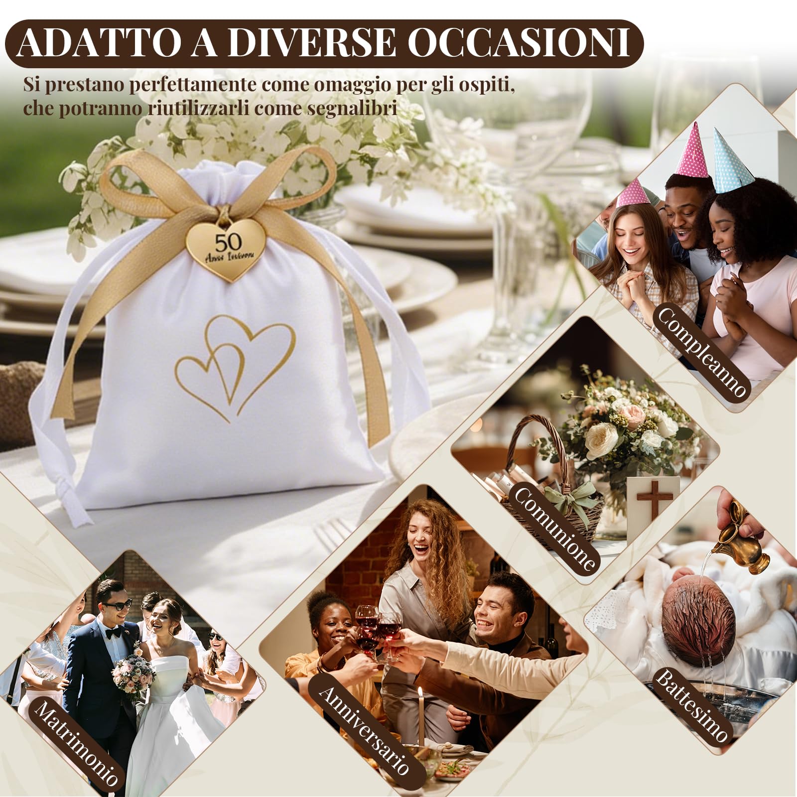 Otuuz 25 Set Bomboniere Matrimonio Sacchetti Bomboniere Sacchetti Regalo in Raso con Coulisse 50 Anni Insieme Ciondolo a Forma di Cuore in Oro e Nastro Regali per l'Anniversario Festa di Nozze