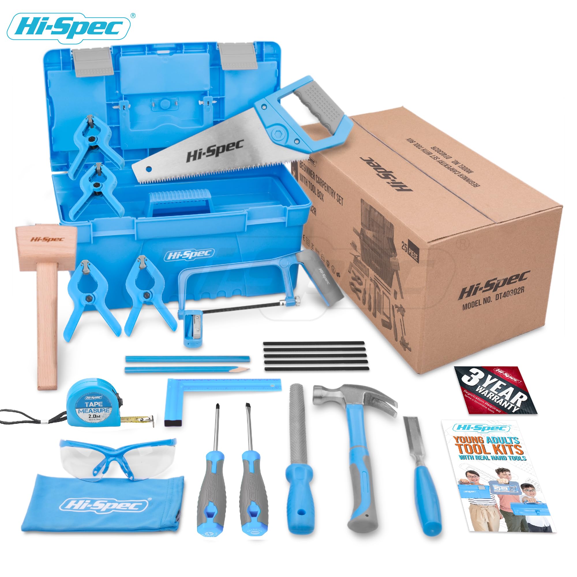Hi-Spec Caja Jumbo de Herramientas Reales para Carpintería Infantil 8+ | 26 piezas; formón, serrucho, mazo, sargentos, gafas y lápices; trabajos de madera; no es juguete; supervisión adulta 8+ años
