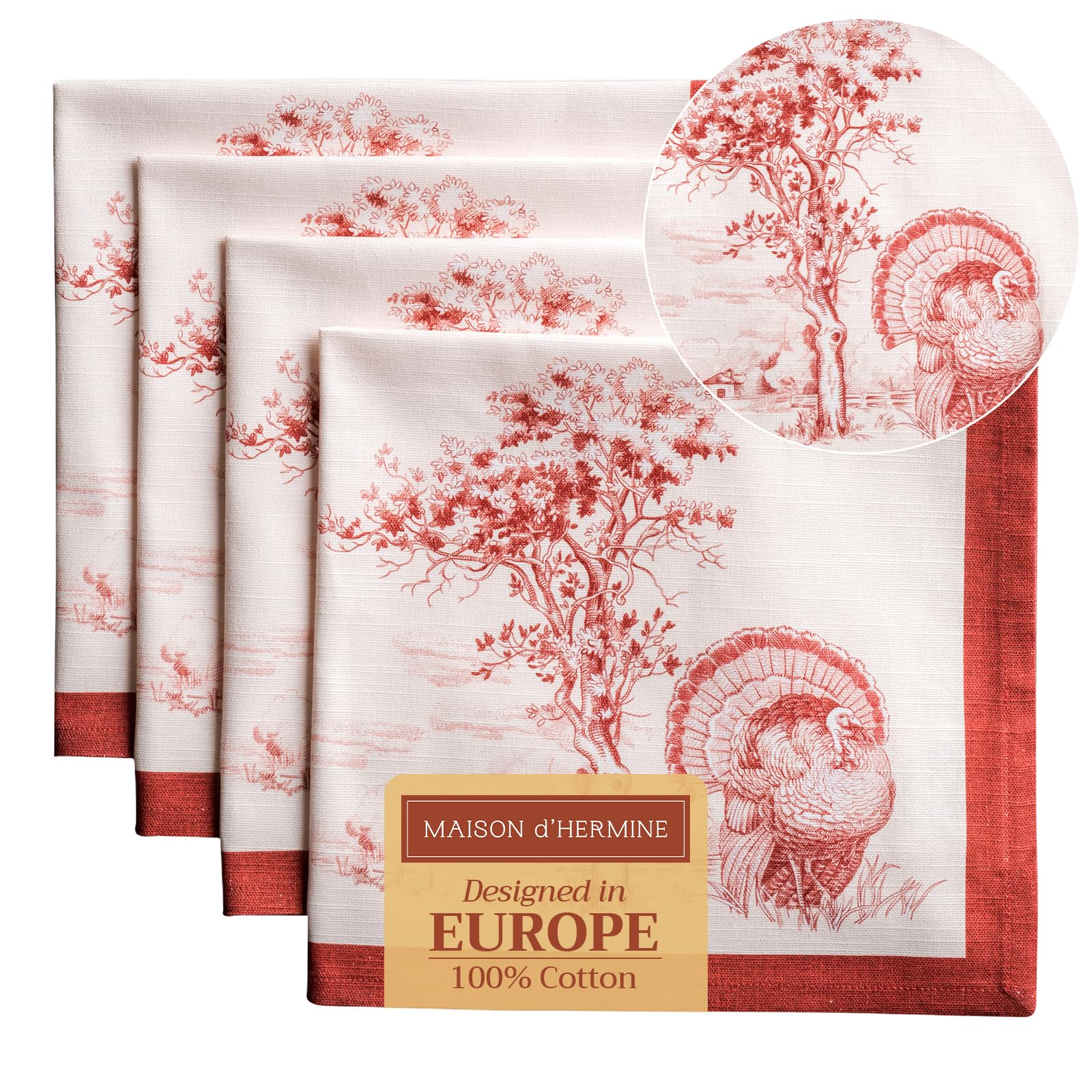 Maison D' Hermine Holy Jouy - Red Cloth Napkins Set Of 4 100% Cotton For Christmas Decorations Everyday Reusable Square Autumn Napkins Cloth Washable Dinner Party Wedding (, 45 Cm X 45 Cm)