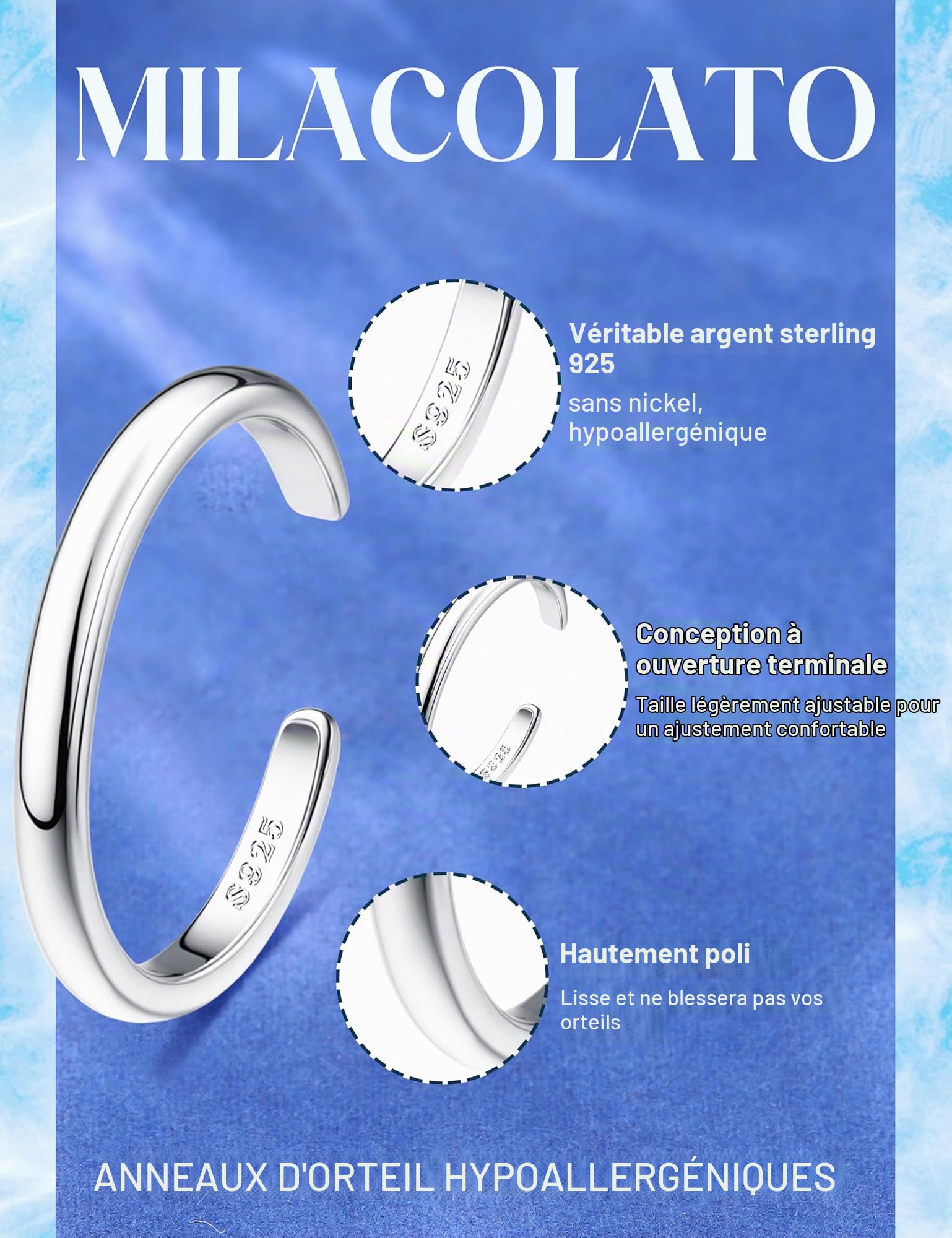MILACOLATO 3PCS Bagues D'orteils Argent 925 pour Femmes Réglable Pierre de Lune Bande Queue Ouvrir Bagues D'orteils Femmes Pieds de Plage Ensemble Bijoux