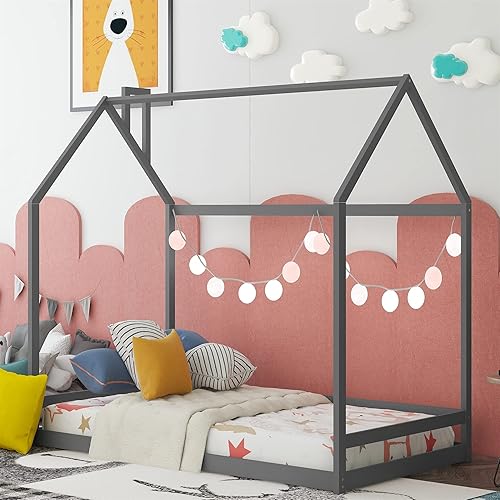 Cama de casa para niños, cama de tamaño individual con techo, marco de cama de madera para niños, niños pequeños, adolescentes, niñas y niños, fácil
