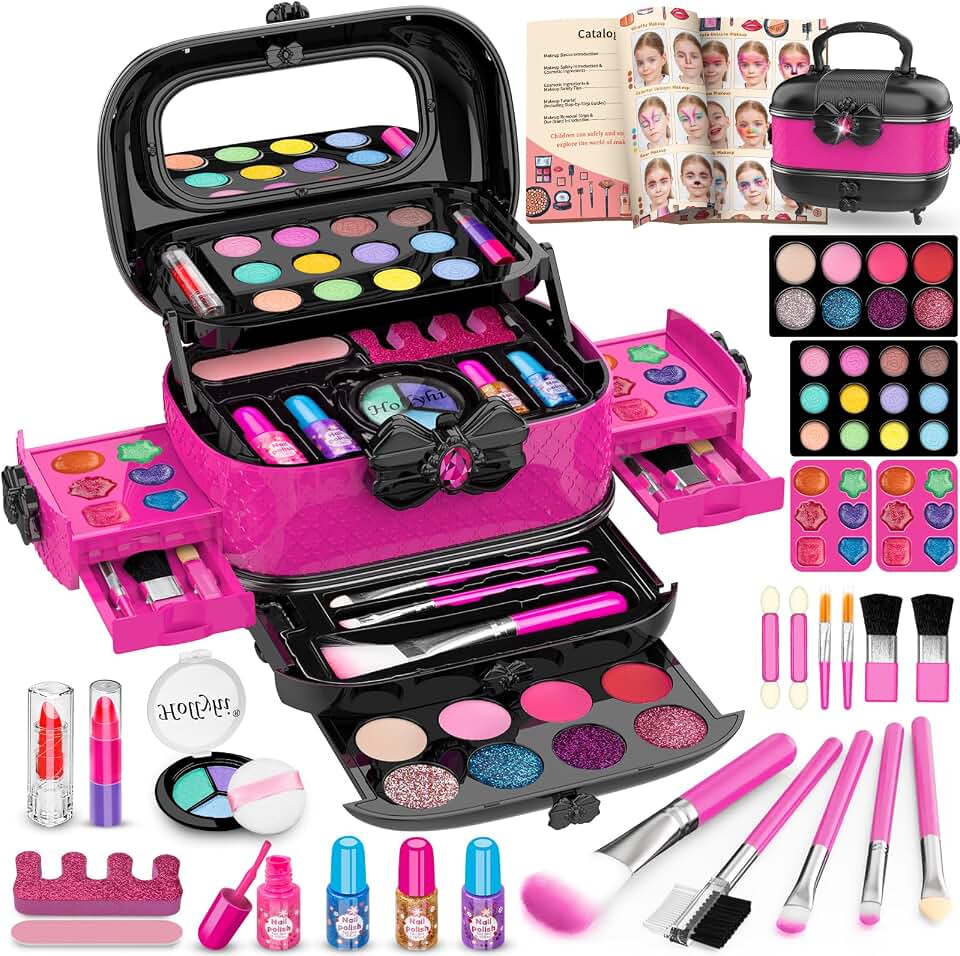 Hollyhi Hollyhi 58 Pcs Kids Makeup Kit for Girl, Princess Toys Real Washable Cosmetic Set with Mirror, Kids Makeup Sets for Girls, Play Make Up Birthday Gifts for 3 4 5 6 7 8 9 10 11 12 Years Old Kid (Rose) Global Recycled Standard