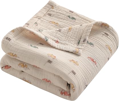 NTBAY Muslin Toddler Blanket, 4-Layer, 30x40 Soft and Breathable Receiving Blanket for Newborns and Infants, Crib Stroller Travel Use, Retro Race Car