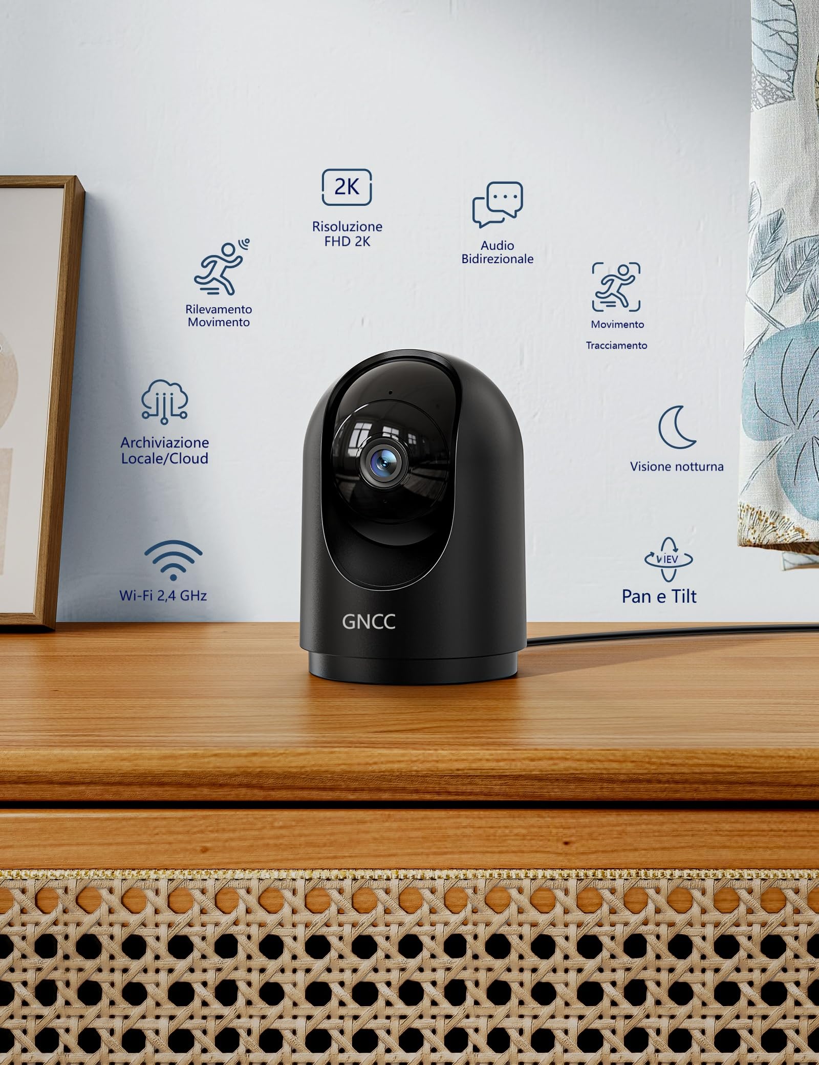 GNCC 2K Telecamera WiFi Interno 2.4/5GHz Visione Notturna Nero(Pack da 4)