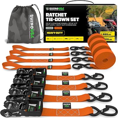 Rhino USA Ratchet Straps Heavy Duty Kit (4-Pack) - 1.6 Inch x 8 Feet Min Break Strength (5,000) - Ultimate Tie Down Straps with Safety S Hooks for Trucks, ATV, UTV, Motorcycle, Cargo & More - Orange