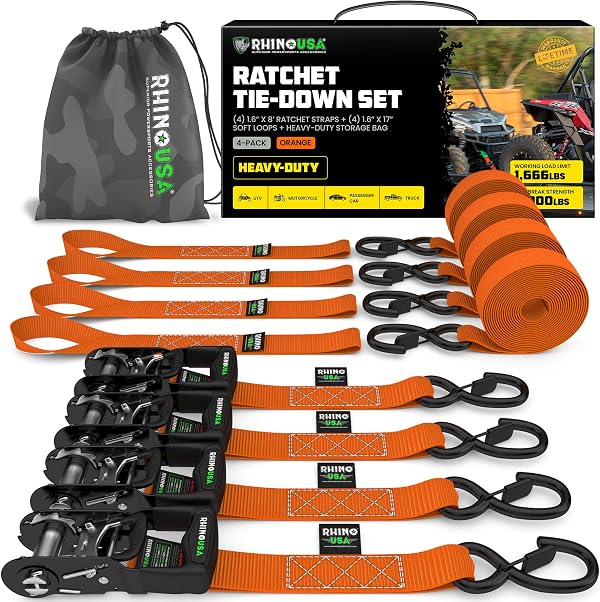 Rhino USA Ratchet Straps Heavy Duty Kit (4-Pack) - 1.6 Inch x 8 Feet Min Break Strength (5,000) - Ultimate Tie Down Straps with Safety S Hooks for Trucks, ATV, UTV, Motorcycle, Cargo & More - Orange