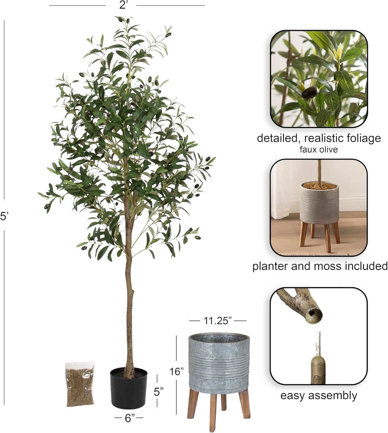 Kate and Laurel Oliveira Faux Olive Tree with Gavri Metal Planter Pot, 5.5 FT, Silver and Rustic Brown, Potted Artificial Olive Plant Tree with Realistic Foliage and Moss, Fake Plant Living Room Decor