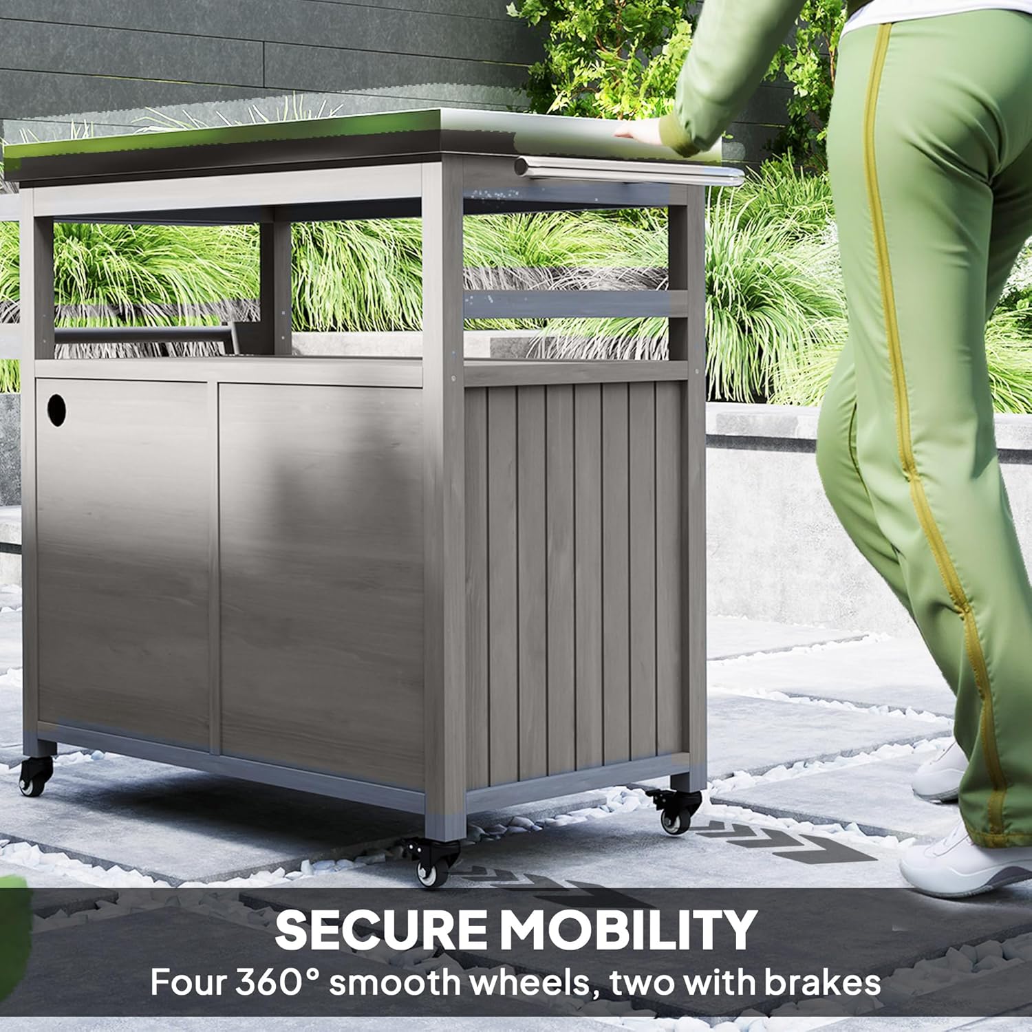 Outsunny Outdoor Grill Cart with Wheels and Storage, Solid Wood Outdoor Kitchen Island with Stainless Steel Top, Movable Bar Cart with Spice Rack, Side Handle, Integrated Hole for BBQ, Gray