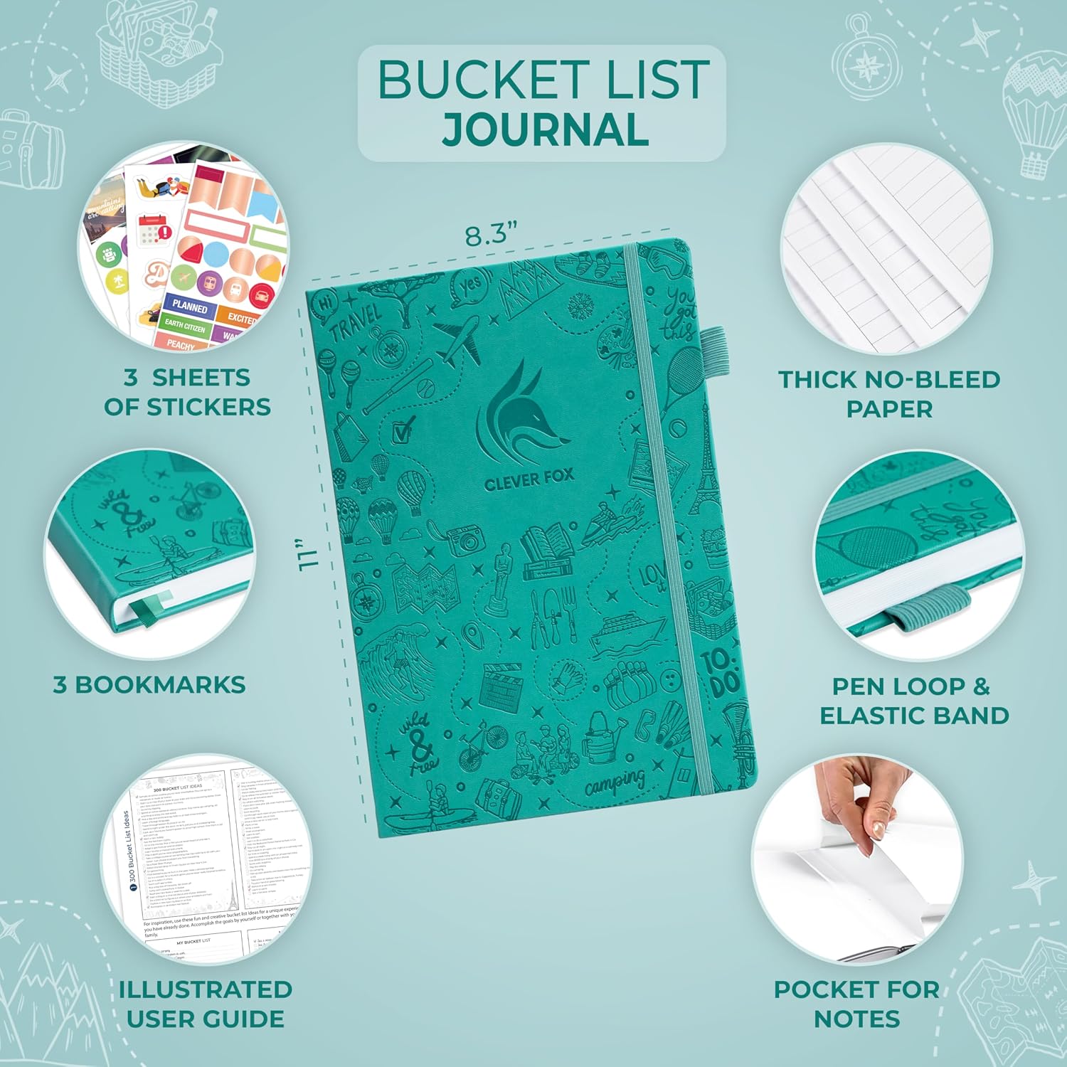 Clever Fox Bucket List Journal, Travel Planner 8.3x11, Turquoise image 2