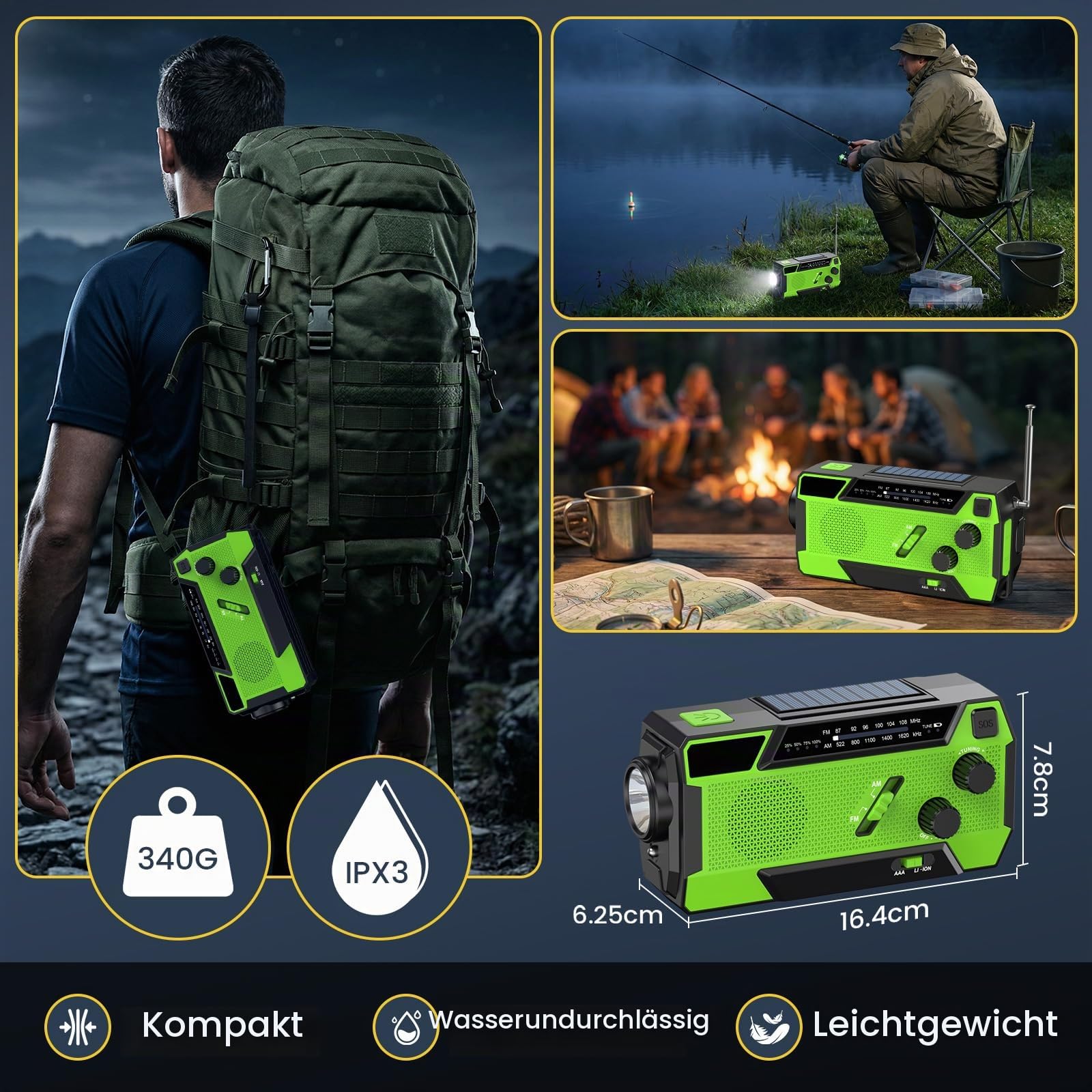 Kurbelradio, Radio mit Kurbel und Solar Notfall Ausrüstung mit 3 integrierten Kabeln, 4000mAh Notfallradio Emergency Power Bank mit LED Taschenlampe, AM/FM mit SOS Alarm für Survival, Ourdoor, Camping