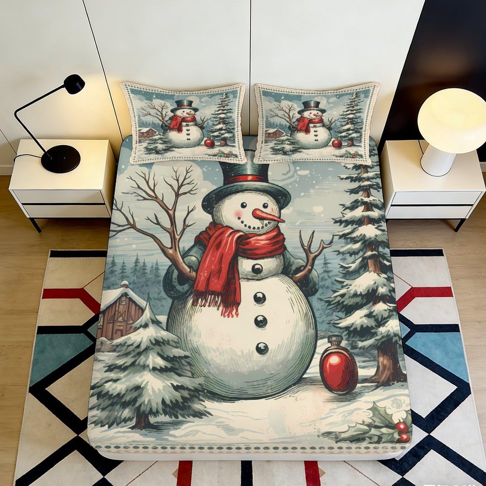 3D Printed Snowman Winter Scene Fitted Sheet Microfiber Soft Mattress Cover Christmas Bedroom Guest Room Decor 90x200x25cm