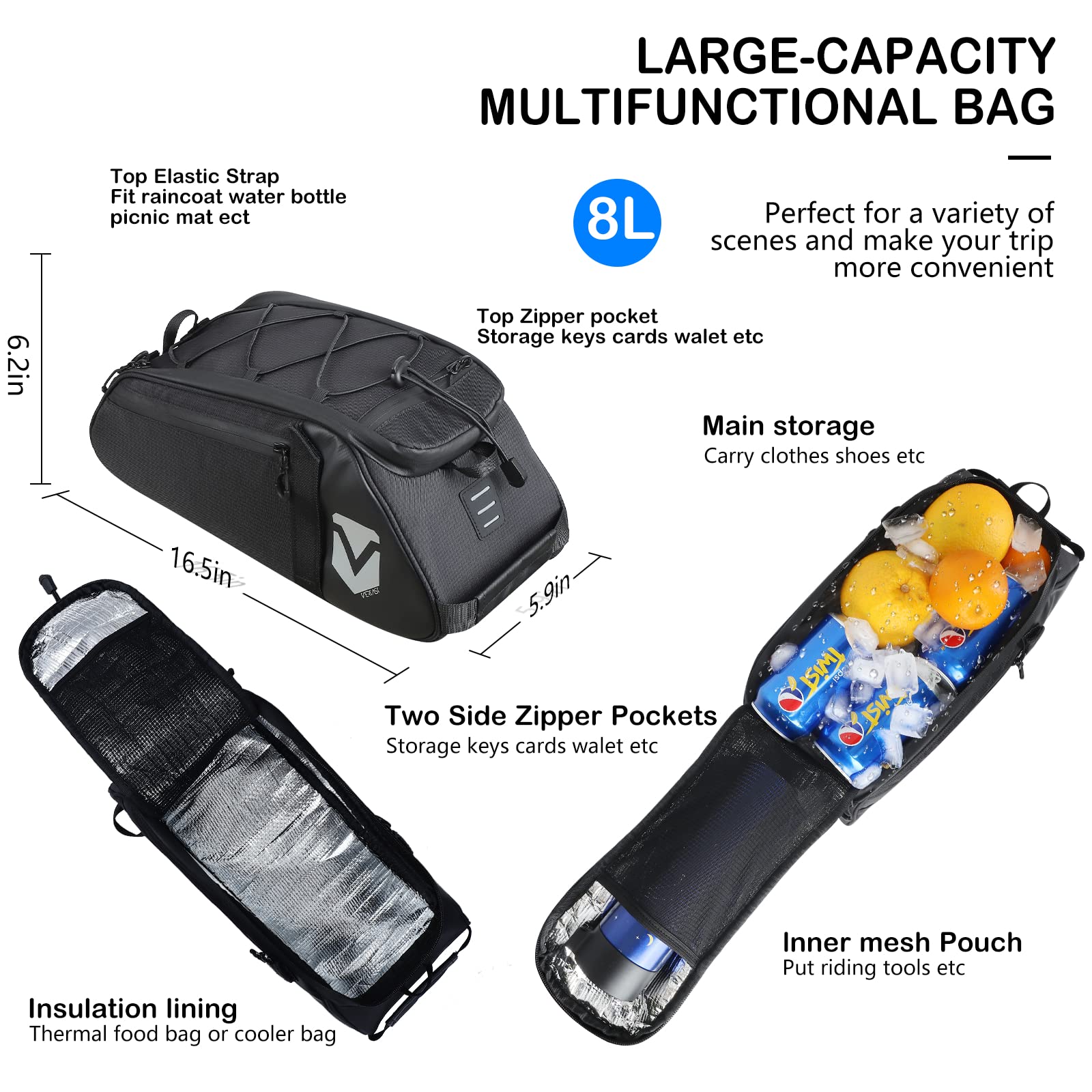 Borsa Posteriore Bici, Borse a Tracolla zaino Cooler Trunk Isolata Pacchetto Portapacchi, multifunzione Bagagli per MTB Bici da Strada Borsa per sedile posteriore, Borsa isolata, Nero