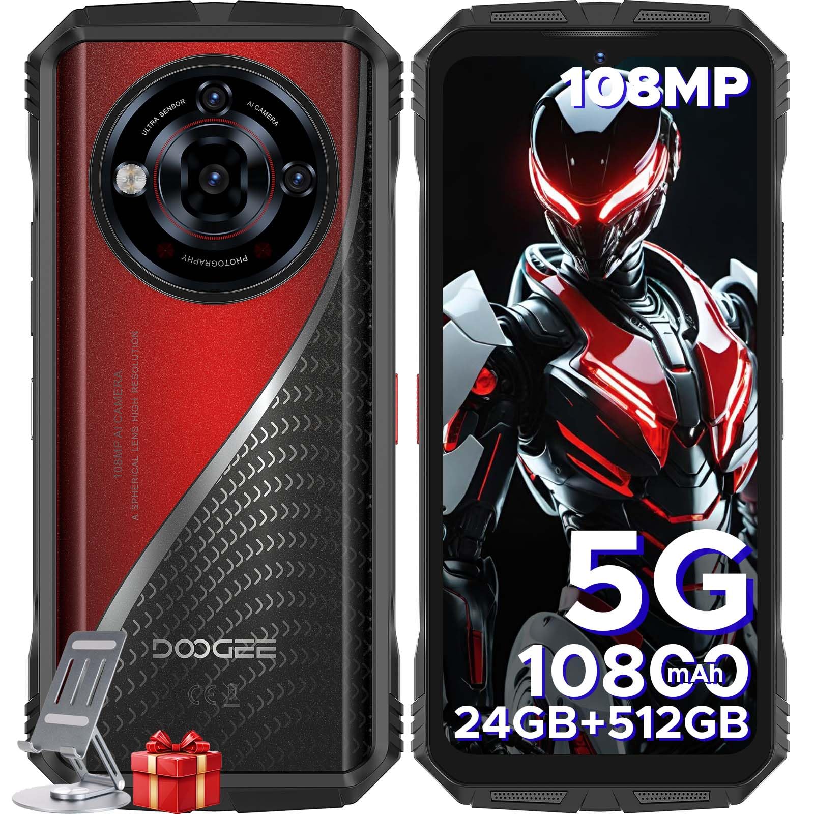 DOOGEE S118 Pro Rugged Smartphone 5G, 512GB + 24GB, Dimensity 7050 10800mAh/33W, 108MP+20MP+8MP Telefono Indistruttibile, Android 14 6,6" FHD+ 120Hz, 5G Dual SIM/WiFi 6/NFC/OTG, Rosso