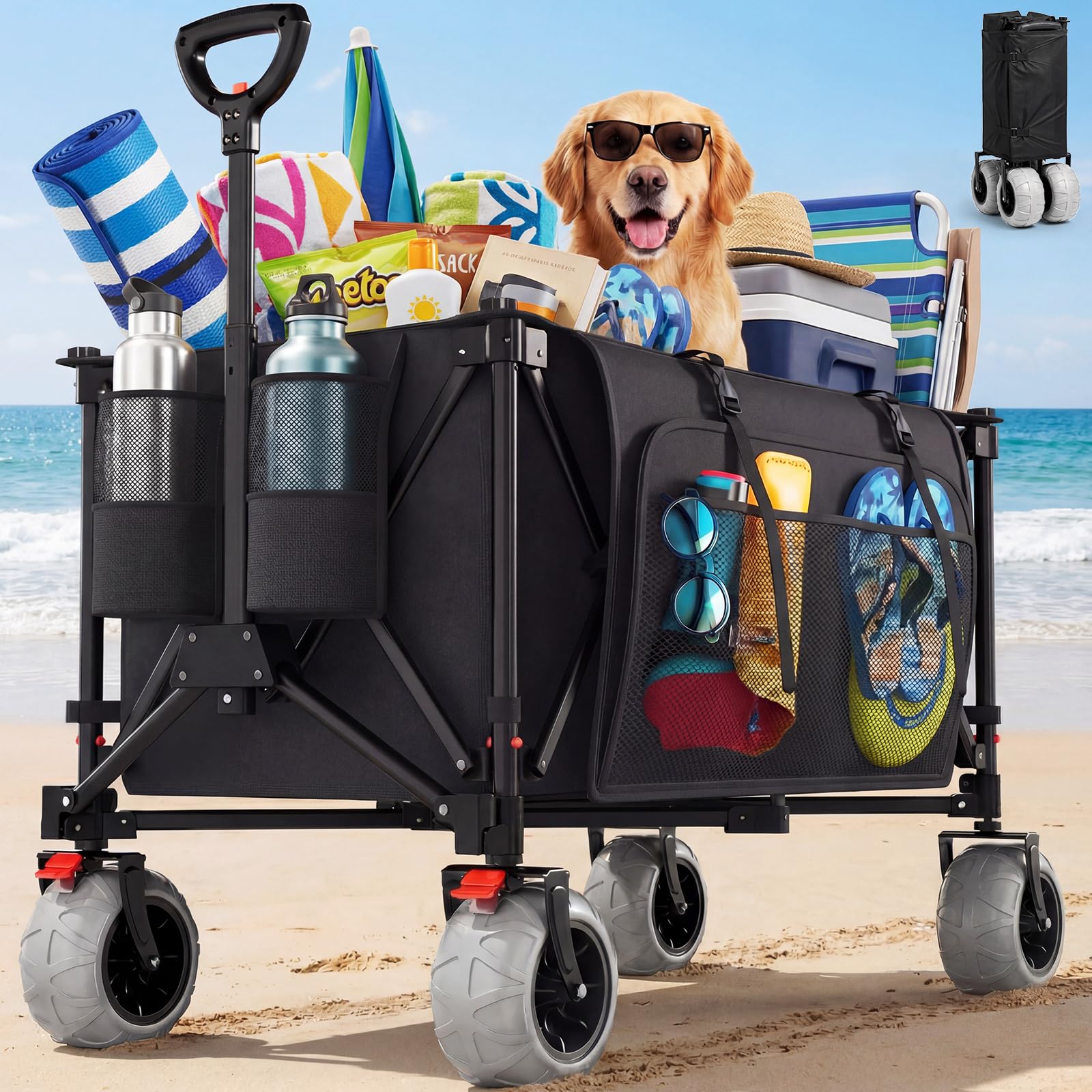 JUMMICO Chariot de Plage à roulettes Pliable ｜ Capacité 200L ｜ Charge 150kg ｜ Poignée Réglable ｜ Sac Latéral 25L Offert ｜ Chariot de Transport avec Frein ｜ pour Plage, Parc, Courses, Camping