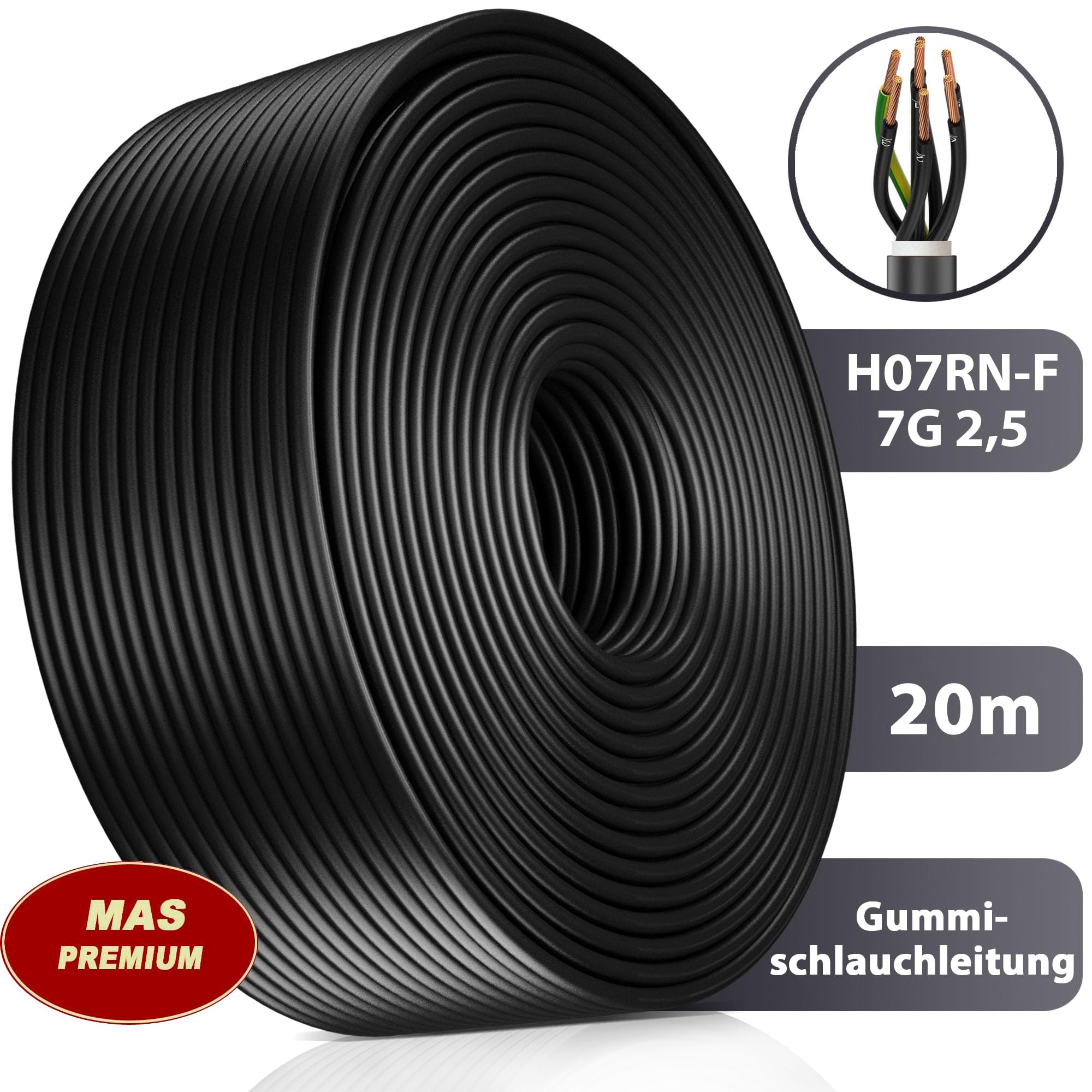 Przewód gumowy o długości od 5 do 50 m, kabel zasilający na plac budowy H07RN-F 7G2,5 mm², elastyczny przewód z przewodem ochronnym do ciężkich urządzeń (20 m)