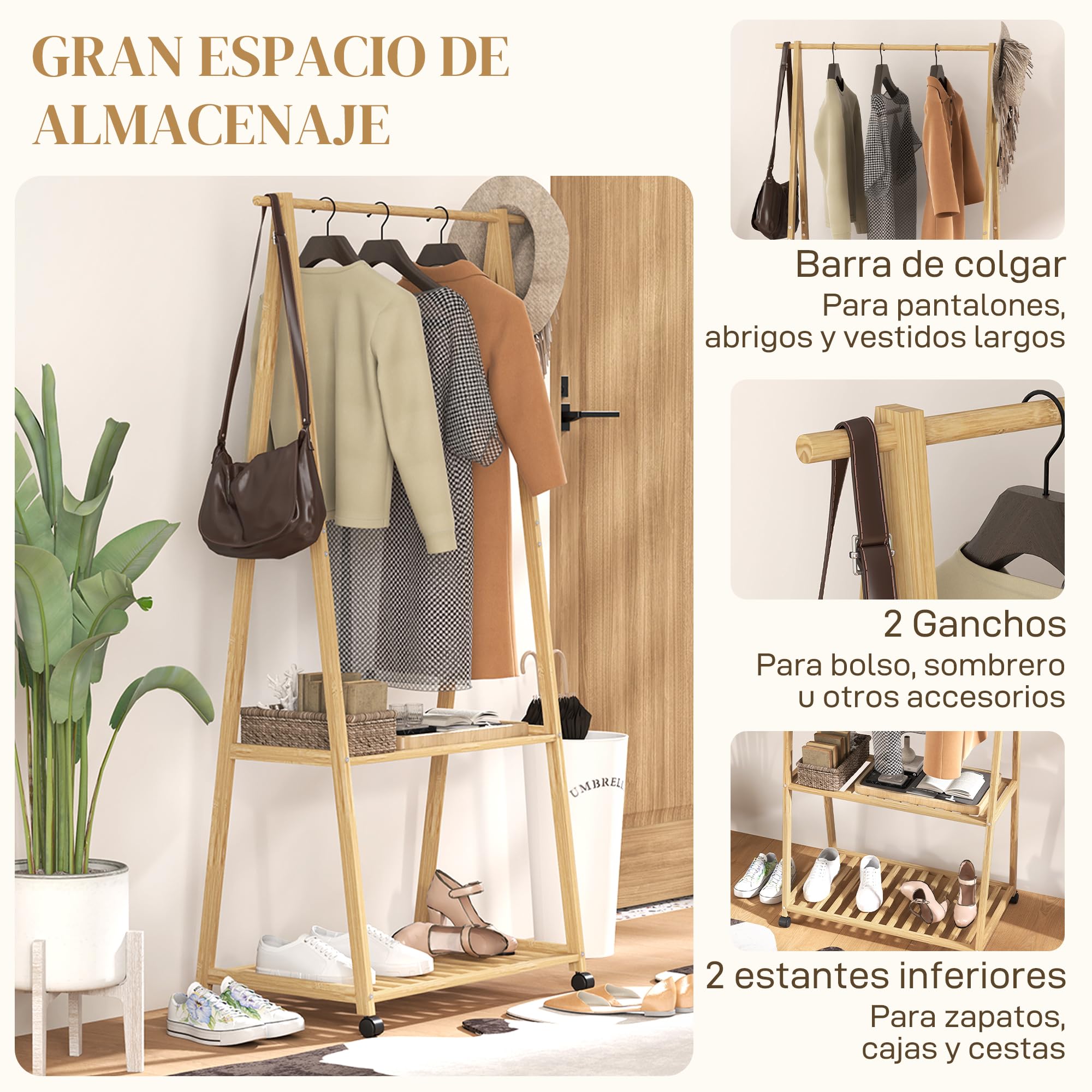HOMCOM Burro para Ropa de Bambú con 2 Ganchos 84,5x43,5x158 cm Natural | Perchero, Burro para Ropa con Ruedas, 2 Estantes Abiertos, para Entrada Pasillo Dormitorio