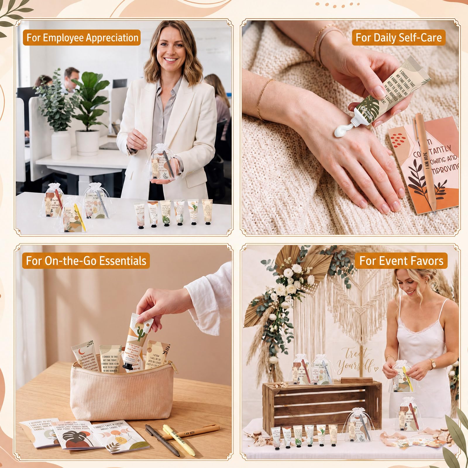 Mooliwe Set regalo Boho Affirmation da 96 pezzi - 24 mini taccuini ispiratori, 24 penne a sfera motivazionali, 24 tubi per crema per le mani con 24 sacchetti di organza per donne regali per la cura di