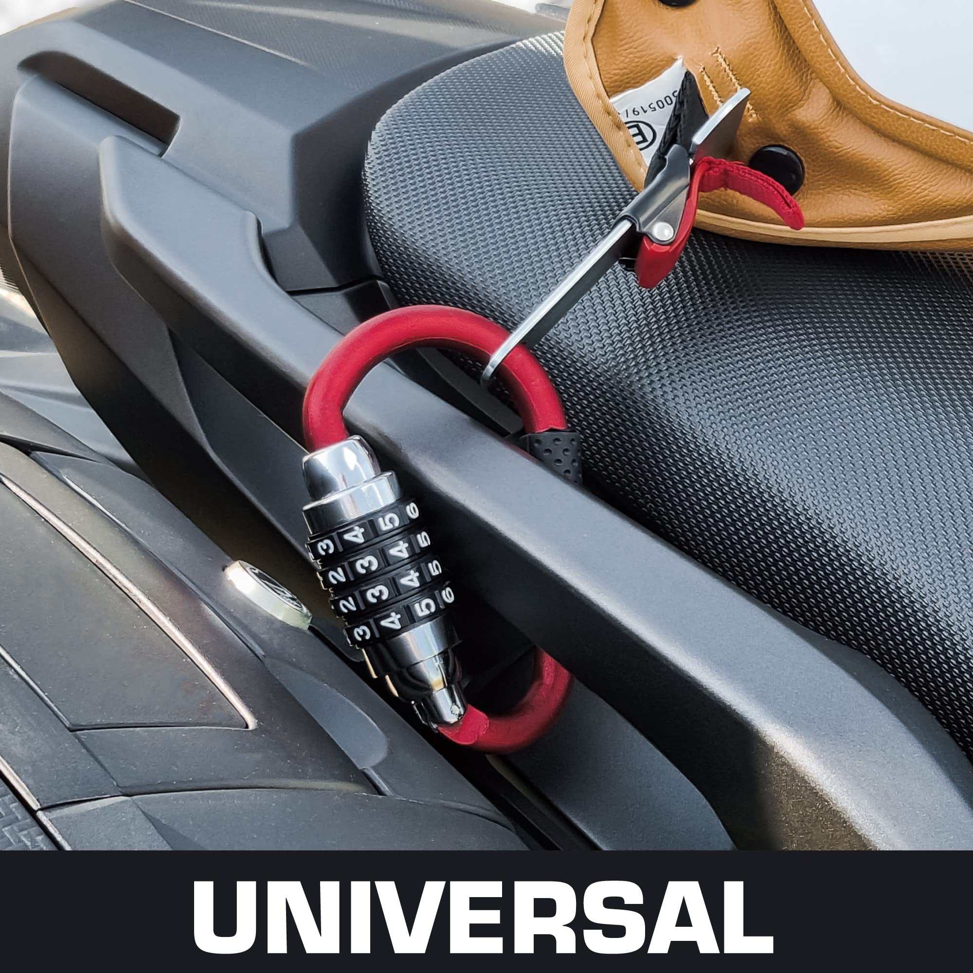 RADIKAL RK540R Cadenas Casque Moto Mousqueton Antivol, Serrure à Combinaison, Adaptateur T Boucle, Câble Sécurité Anti Vol a Code, Universel Vélo Électrique, Bagages, Attache Sac à Dos, Multifonction