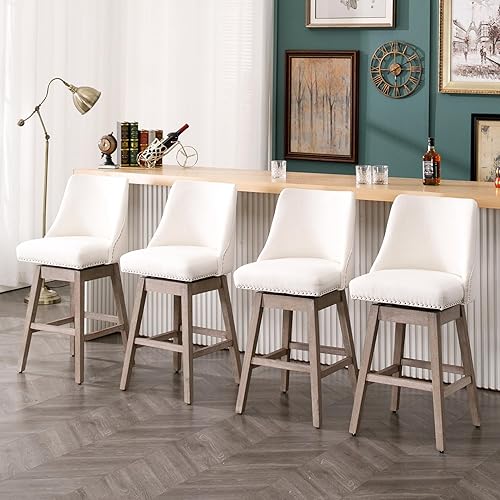 Miniatura 8 de Juego de 2 taburetes de bar de altura de mostrador, silla giratoria de bar de 27.5 pulgadas, taburetes de cocina tapizados de lino con respaldopatas