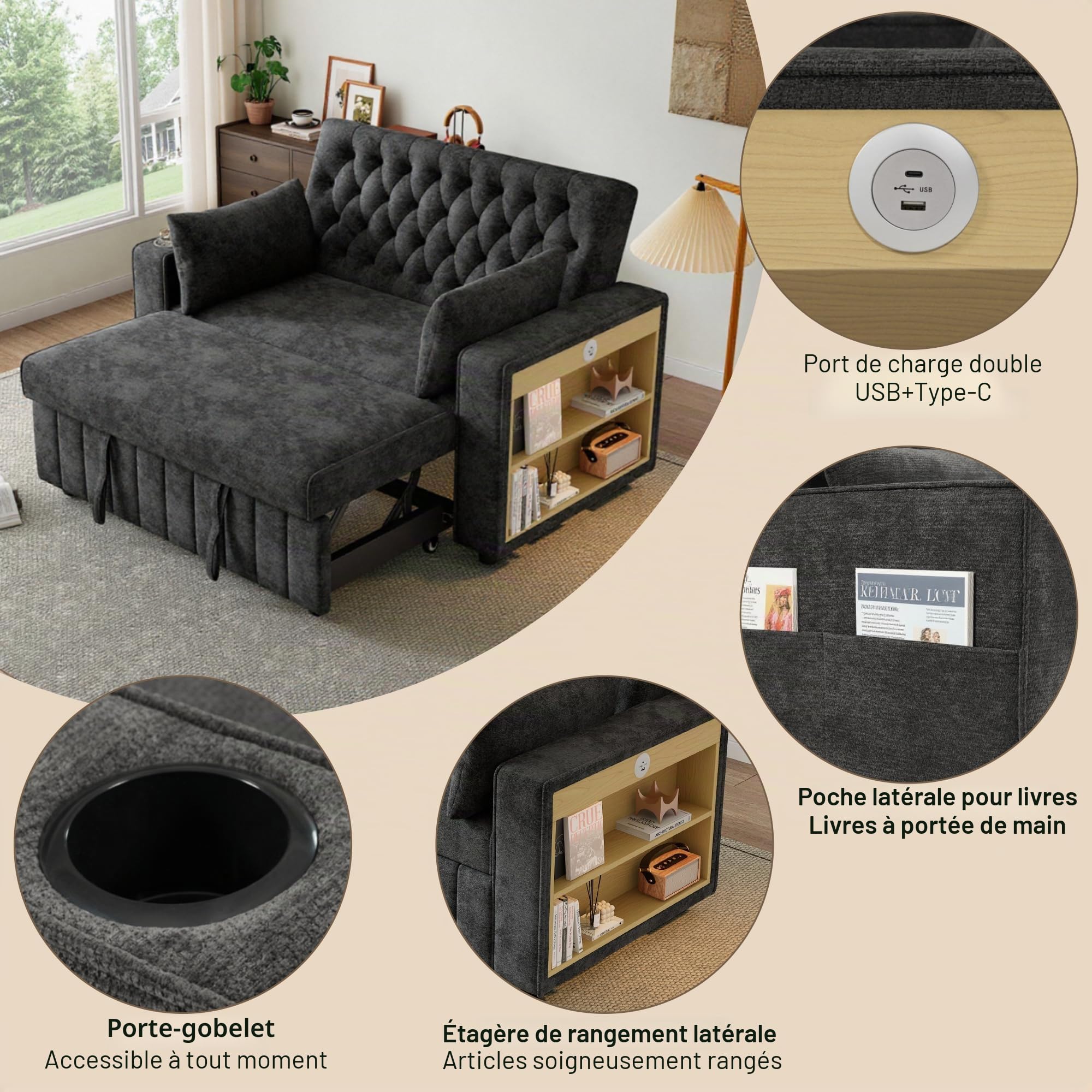 Yihomfy Canapé-lit 2 Places,Canapé Convertible avec Coussins Porte-gobelet, Espace de Rangement - Canapé-Lit Convertible Moderne Canapé-lit Pliant 3 en 1 avec Dossier Réglable,Gris