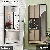 Vista 5 de Espejo grande de baño negro mate de 60 x 36 pulgadas, modernos espejos rectangulares con marco de metal para pared, esquinas redondeadas, a prueba