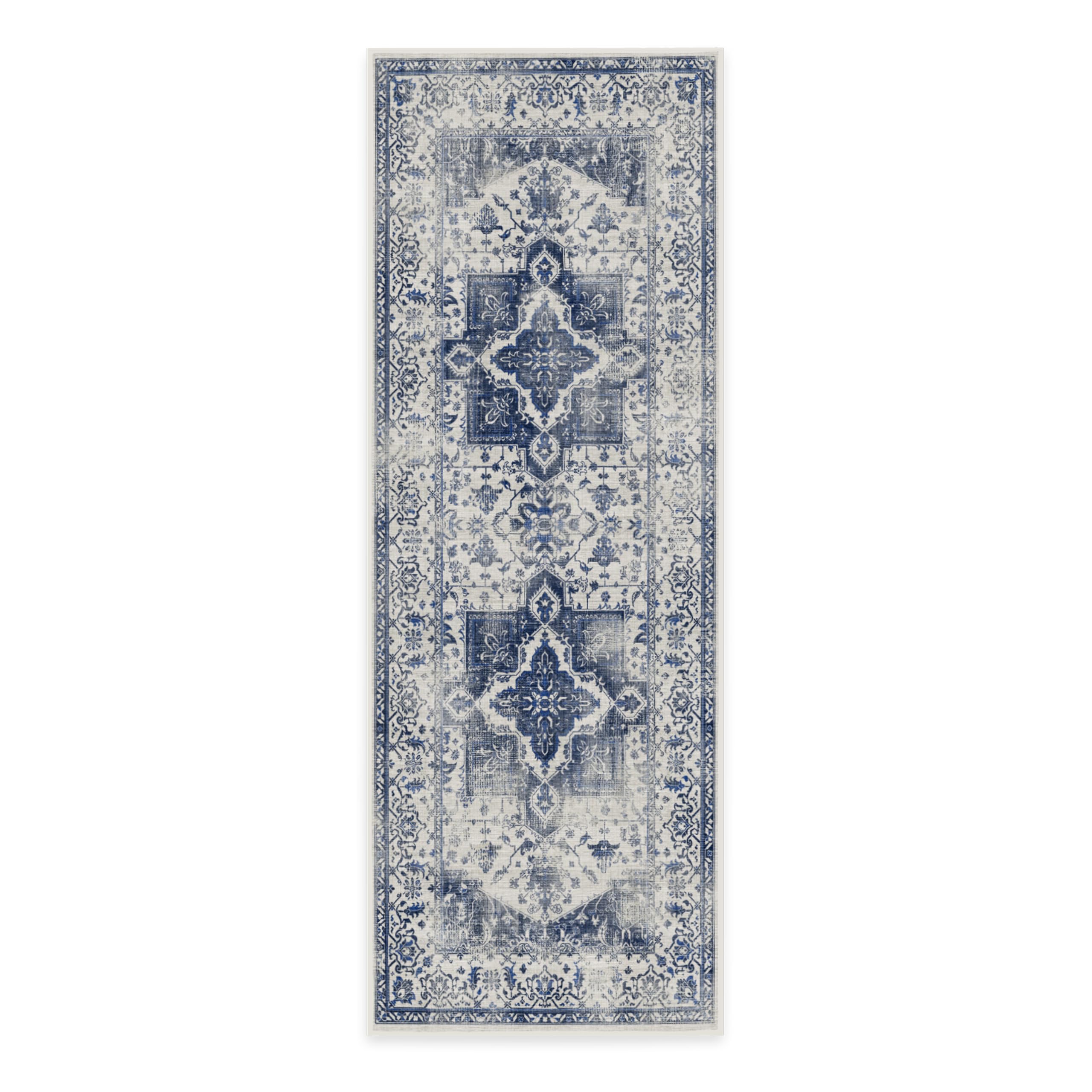 RUGGABLE Kira Runner Rug - Perfect Vintage Washable Rug for Entryway Hallway Kitchen - Pet & Child Friendly - Stain & Water Resistant - Delft Blue 2.5'x7' (Standard Pad)