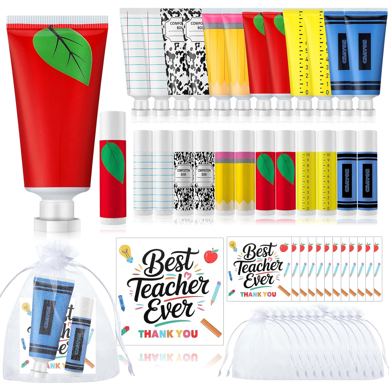 Loopeer 12 Set/ 24 Pcs Teacher Appreciation Gifts Bulk Include Hand Cream Lotion Lip Balm Bulk Travel Size with Bag Card Thank You Teacher Week Gift for Graduation Party End of Year for Women Coworker