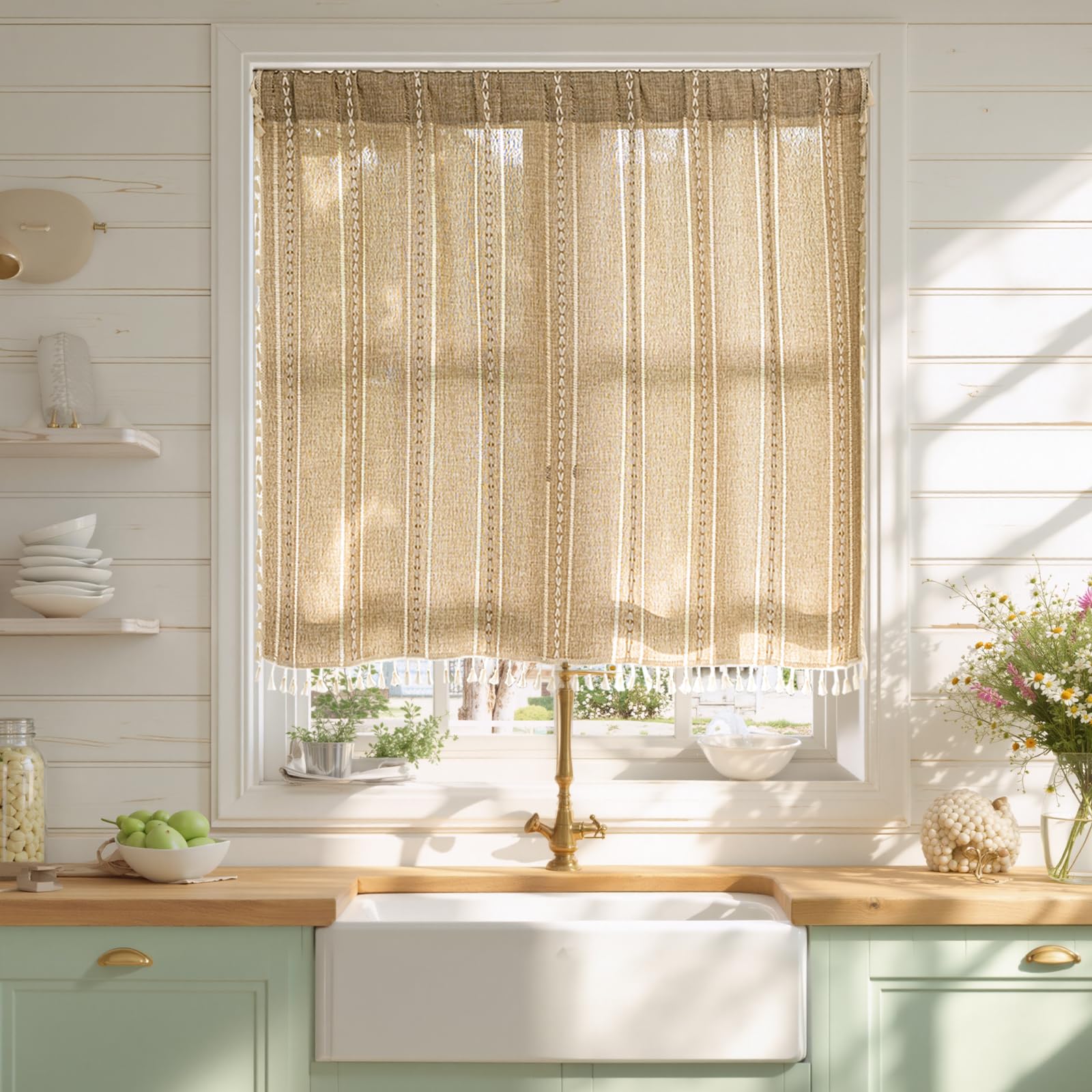 Sutuo Home Boho Curtains Valance Tier 36 inch for Cafe Kitchen Doorway Closet, Short Linen Farmhouse Chic Tassels Window Treatment Bohemian Embroidery Drape Rod Pocket 1 Panel 52" W x 36" L, Natural — image 1