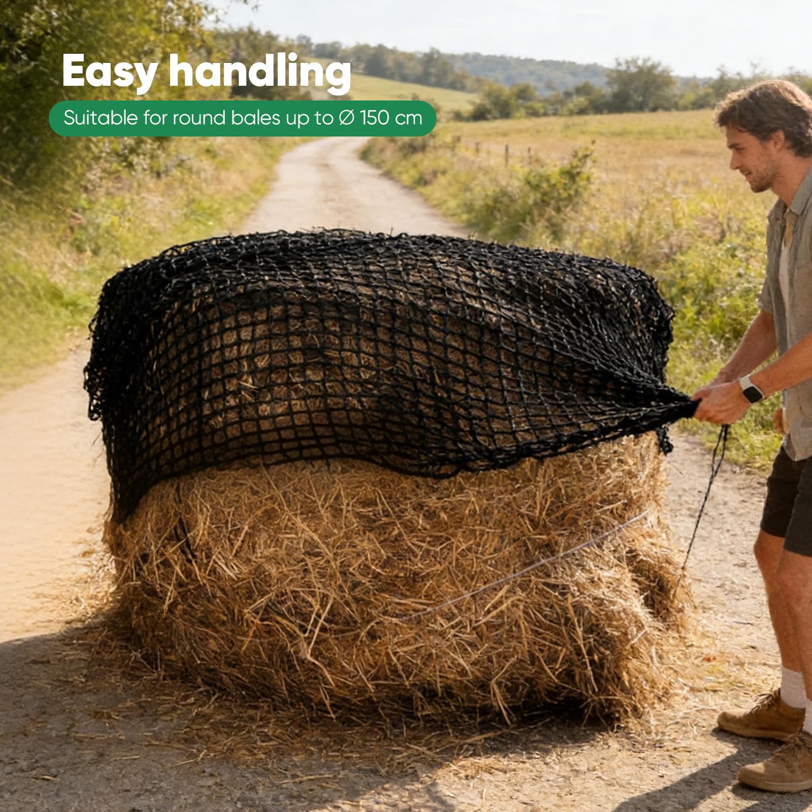 Rete Balle Fieno Rotonde, Maglia 5,6x5,6 cm Rete Grande Rinforzata Cavalli | ø150cm Altezza 150cm Rete Nera per Balle Rotonde Rete a Maglia Stretta per Prolungare i Tempi di Alimentazione