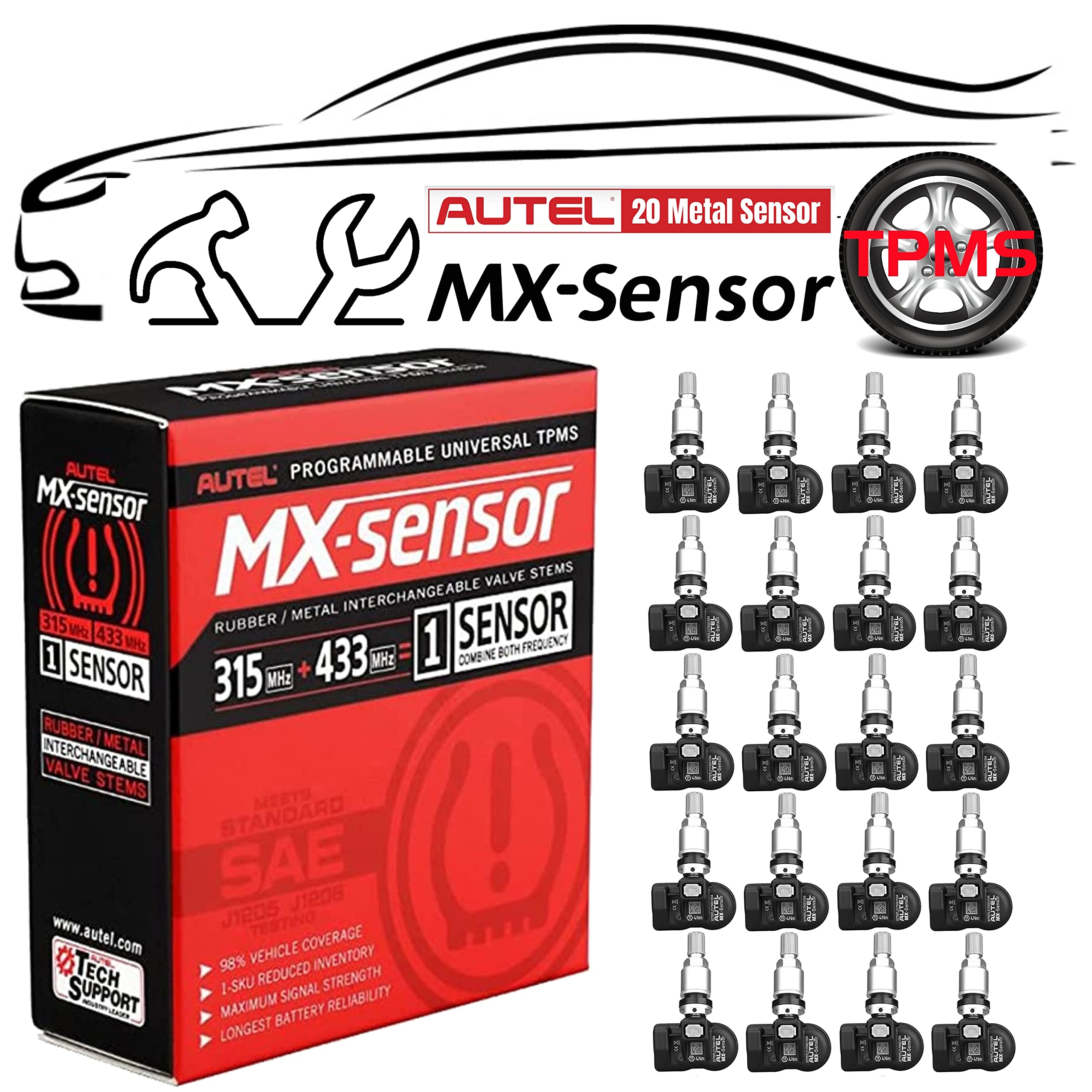 Autel MaxiTPMS MX Sensors 20pcs Pack 315MHz and 433MHz Dual Frequency TPMS Tire Sensor Metal Valve Stem Press-in Work with TS408 TS508 TS608 MS906TS