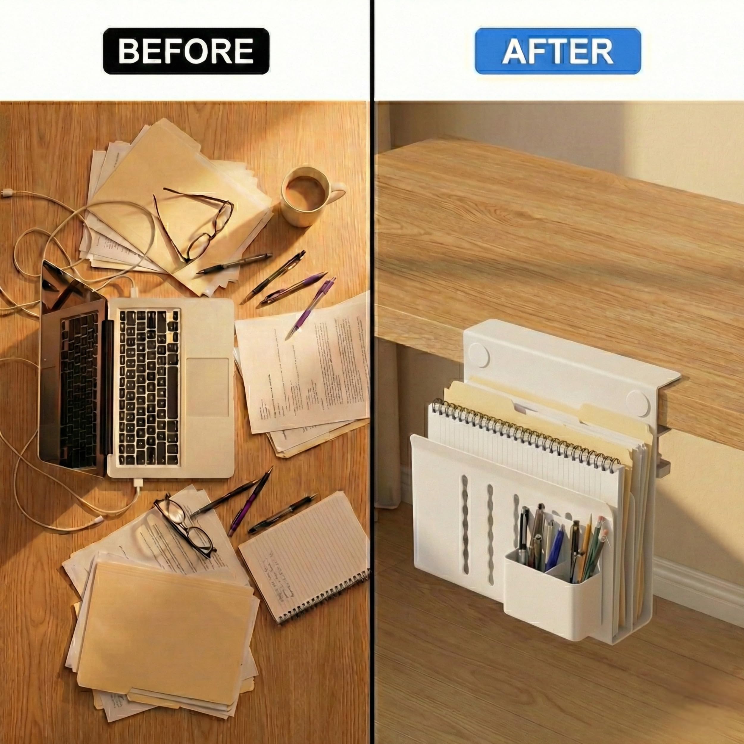 Spacetronik Schreibtisch Seitenaufbewahrung, Desk Side Storage mit Klemme | Ohne Bohren, Laptop Halterung Schreibtisch Seitlich Doppelfach aus Stahl mit Stiftehalter, Weiß, 30x30cm