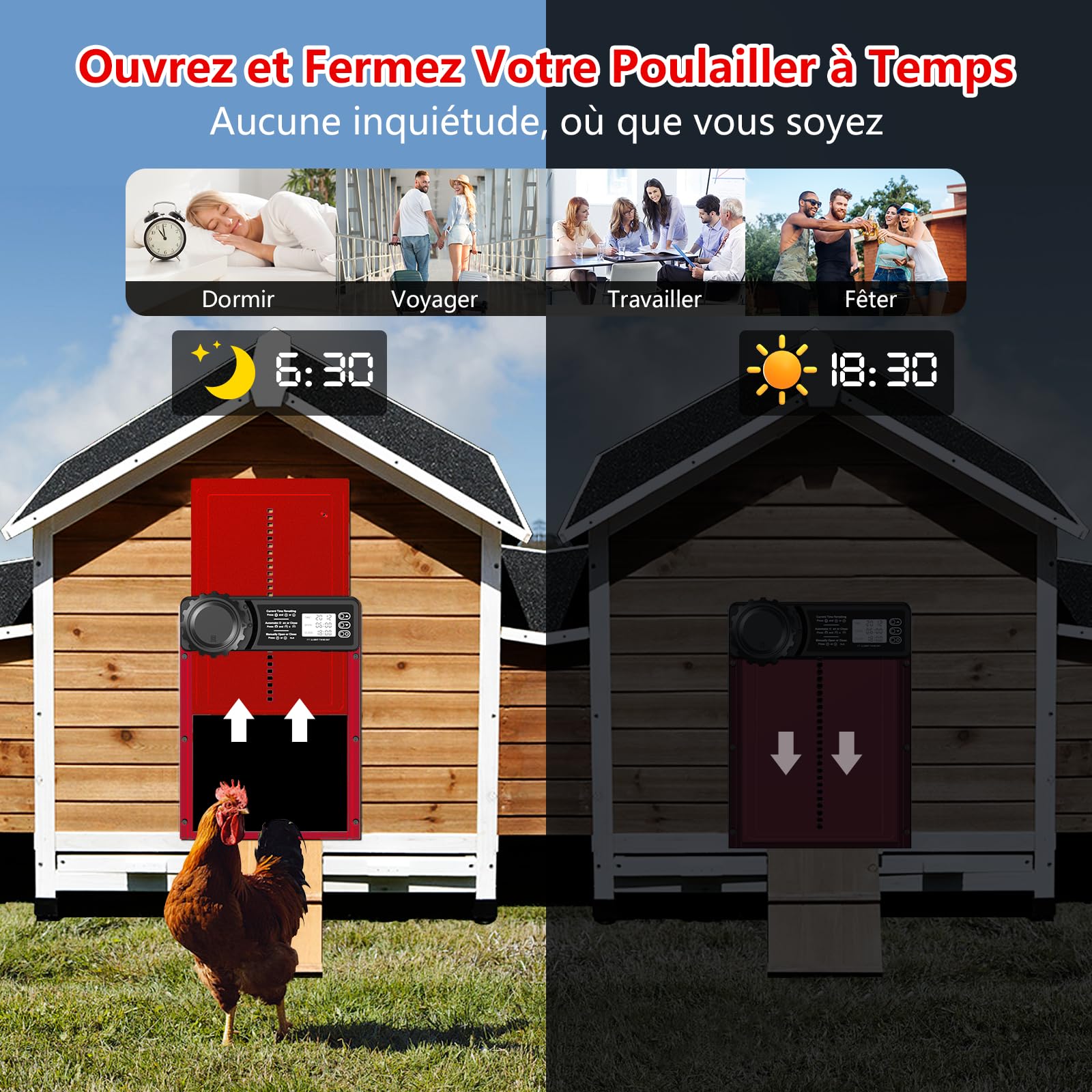 Porta Pollaio Automatico Batteria con Timer | Porta Automatica Pollaio in Alluminio con Display LCD Programmabile Impermeabile, Funzione Anti-pizzico, Apriporta Verticale