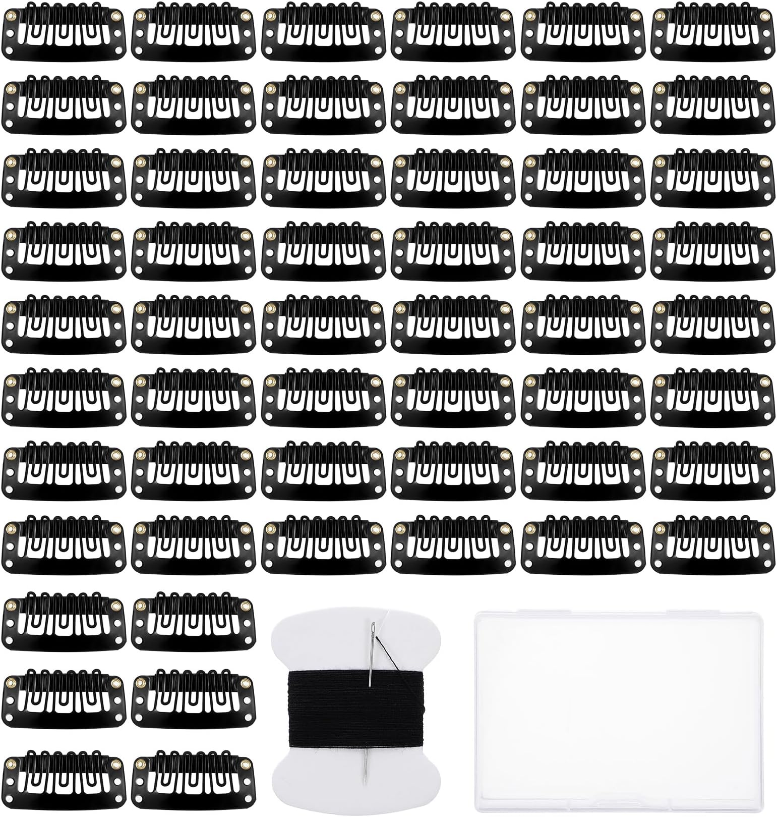 50 Pcs U-Shape Wig Clips 32mm 6 Teeth with Needle Thread Kit Snap Hair Clips U Shape Hairpieces for Hair Extensions Clip-ins Black Making Accessories Tools
