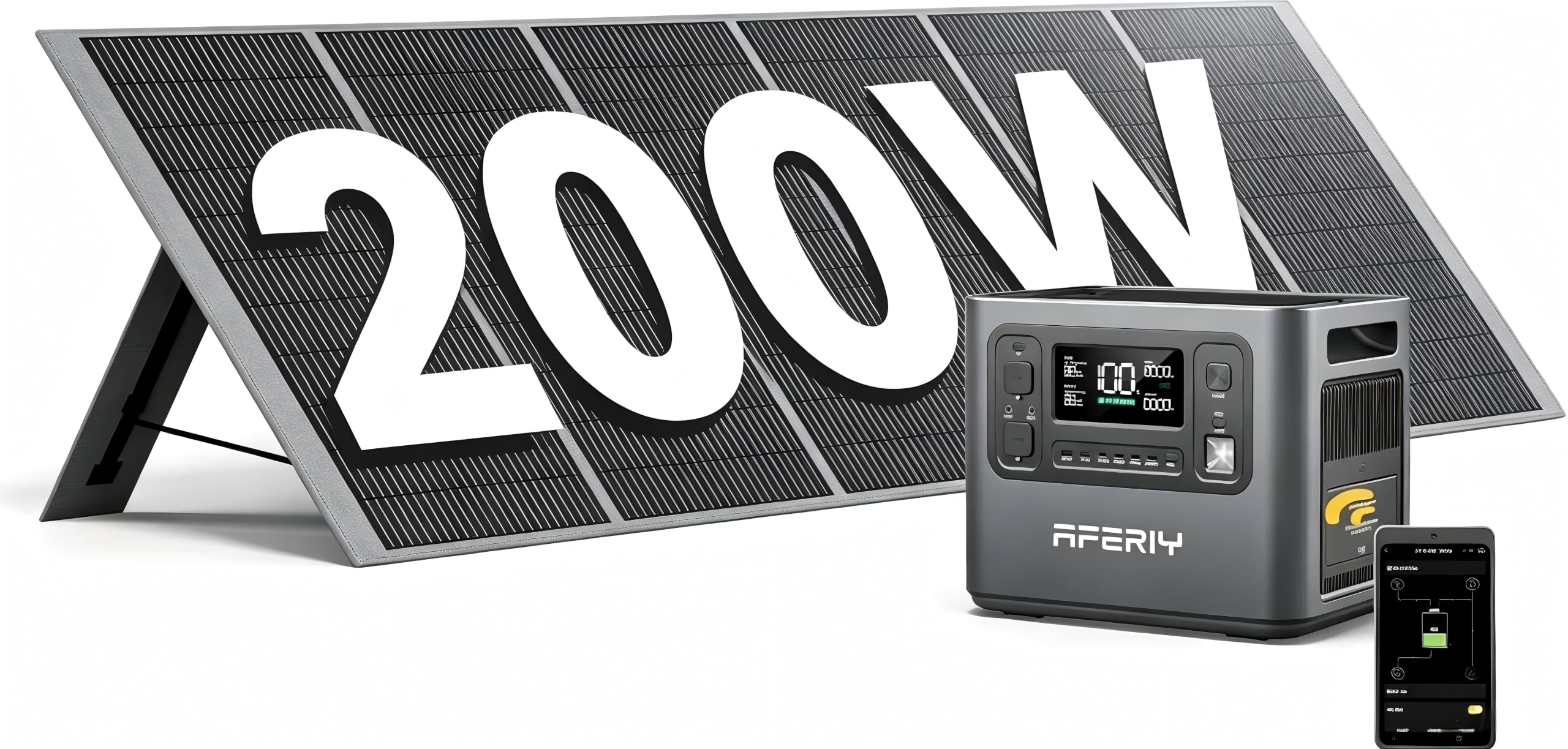 AFERIY 2400W2048Wh Solargenerator mit 200W Solarpanel, 1,5Std Schnellladung | Tragbare Powerstation, 13 Ausgänge, <10ms USV, mit APP, BMS, Reine Sinuswelle 230V, für Camping/Wohnmobil/Garten/Notfall