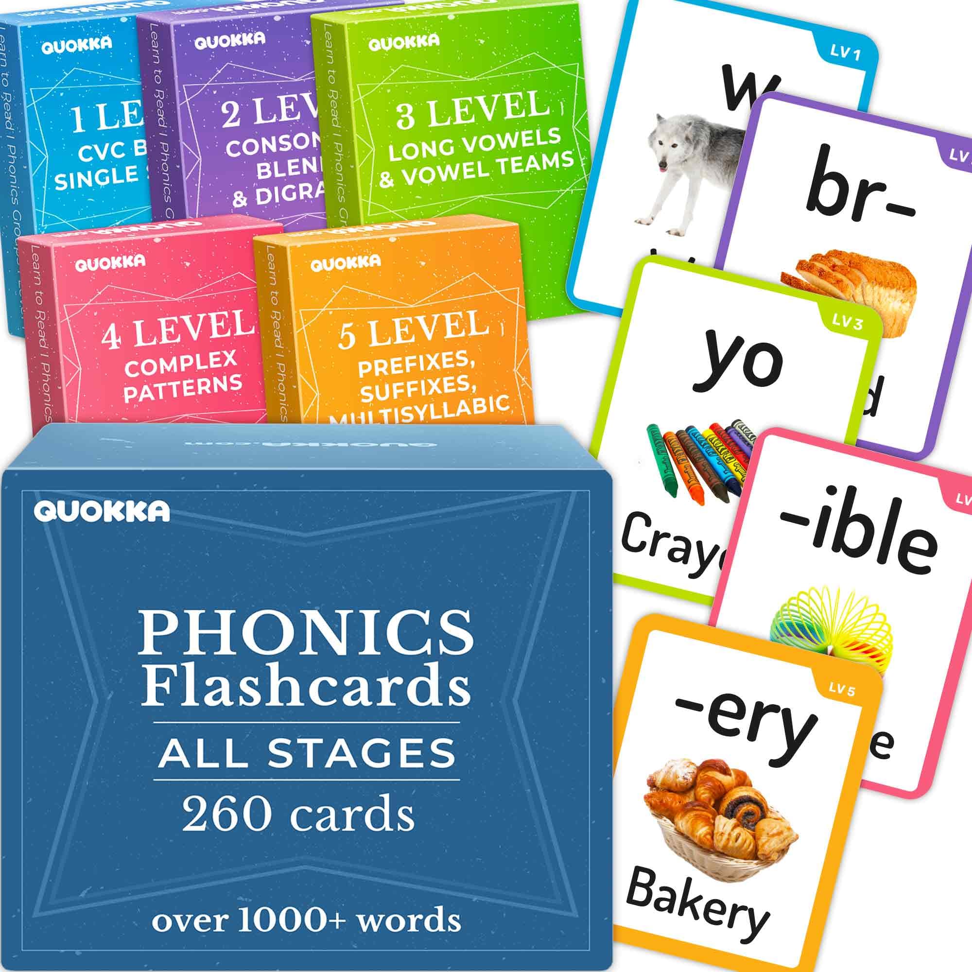 QUOKKA 1000+ Phonics Words Flash Cards for Kids Ages 4-8  20 Reading Stages  260 Card Games for Kids Ages 3-5 and 6-8  Learn to Read Games & Phonics Manipulatives for Complete Phonemic Awareness
