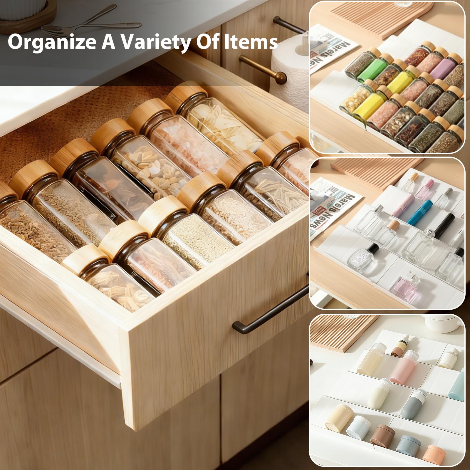 VINATO Organizador de Especias para Cajones Cocina, 8pcs Ajustable, Estante Extraíble para Especieros, Perfumes, Maquillaje, Blanco