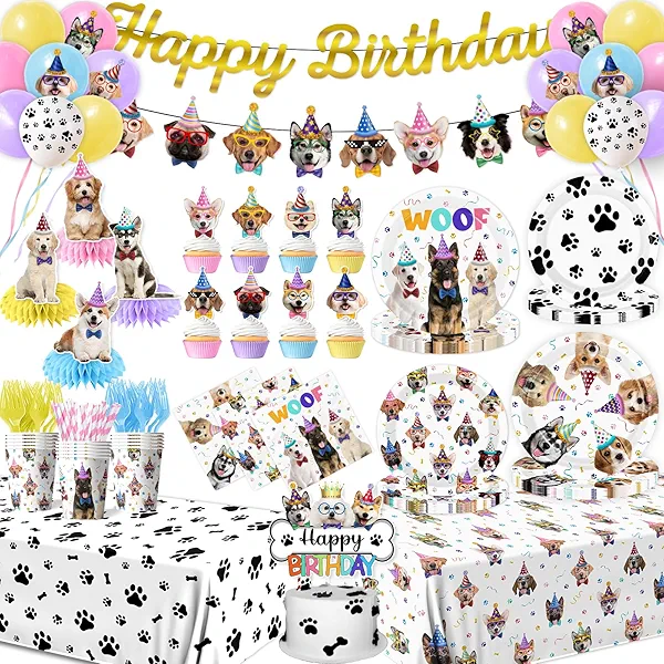 Dog Birthday Party Decorations Puppy Tableware Include Dog Paw Plates Banner Tablecloths Napkins Cups Knives Forks for Girls Birthday Party Supplies Puppy Lets Pawty Party Supplies