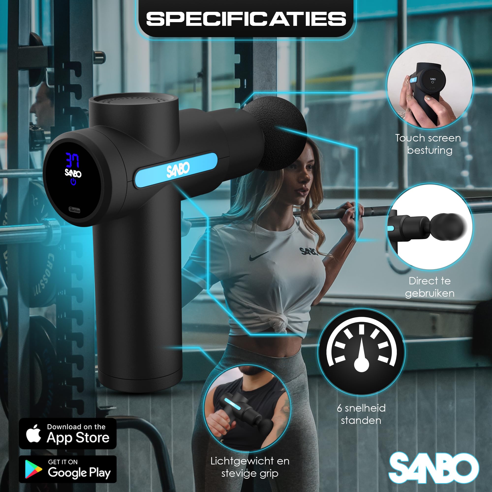Sanbo Pistolet de Massage Musculaire Appareil de Massage Masseur de Muscle Profonds avec 6 Niveaux Réglables, 5 Têtes de Massage et l'Écran LCD Pour Soulager Douleurs et Raideurs Musculaires (Gen 2)