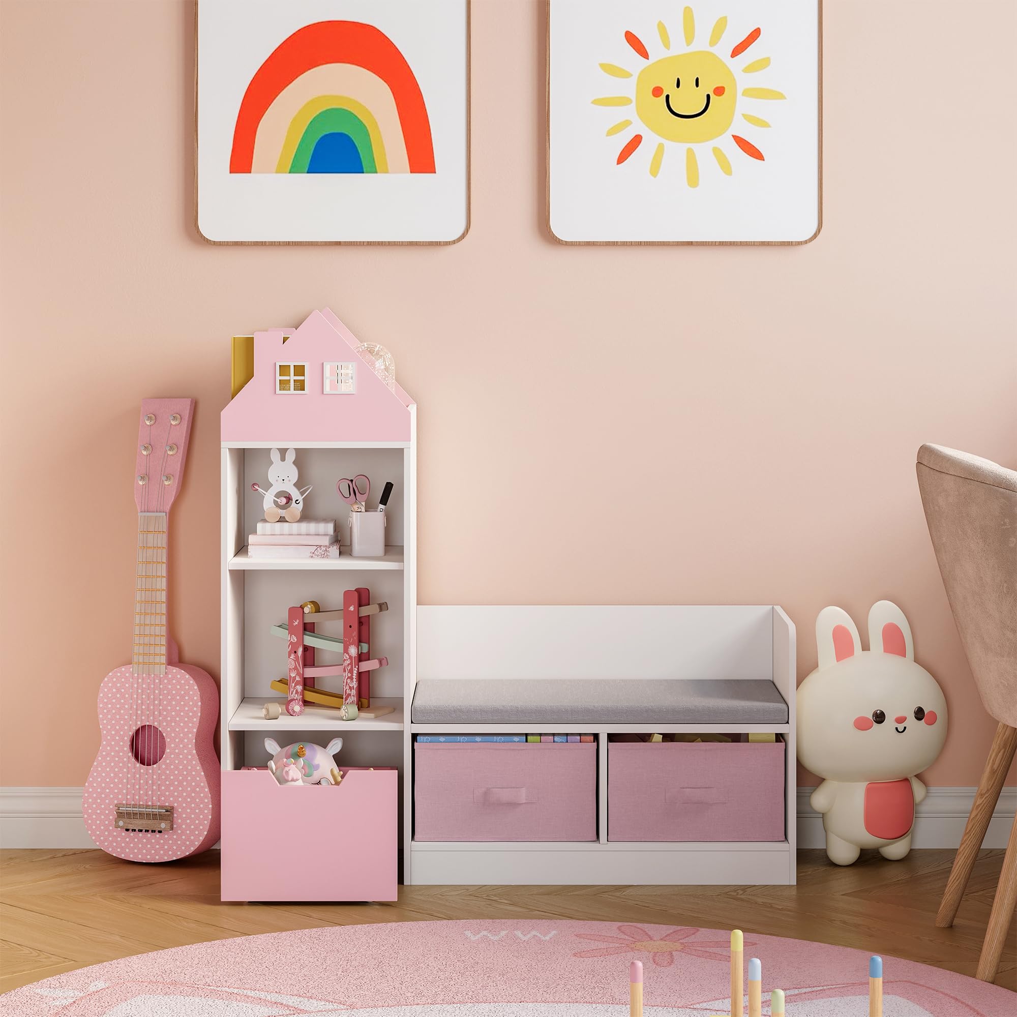 [en.casa] Estantería Infantil Vipsali en Forma de Casa con Banco 4 Compartimentos Abiertos 2 Cajas Plegables 1 Cajón Librería para Niños Niñas 100 x 99 x 30 cm - Rosa/Blanco
