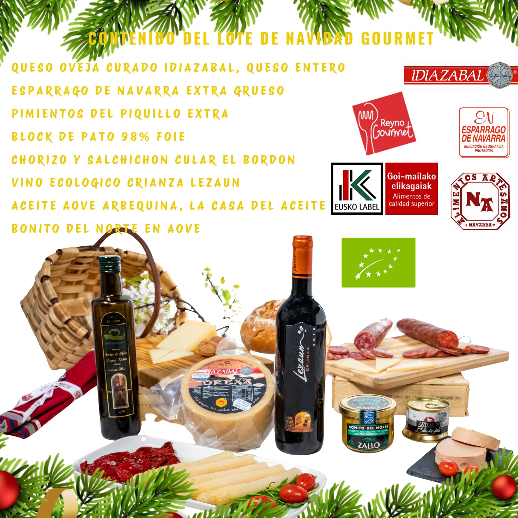 THE BASQUE gourmet- Lote para Regalar -Cesta Navidad de Productos de Euskal Herria - Queso Idiazabal, Pate, Chorizo, Espárragos de Navarra, Pimientos del Piquillo