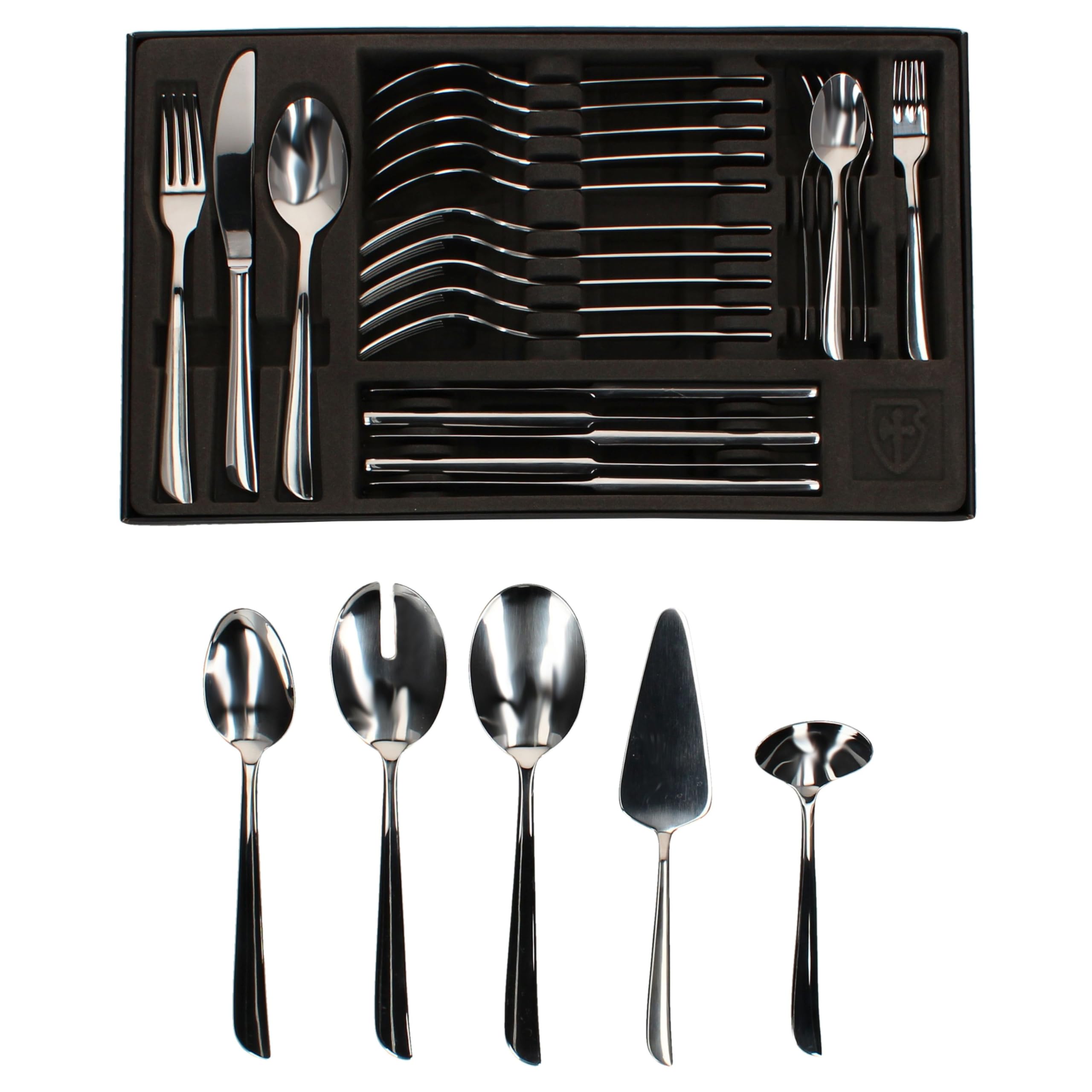 Justinus Twist 35tlg Komplett-Besteck-Set inkl Anlegeteile I für 6 Personen I mit geschwungenem Griff I 18/10 Edelstahl & Klingenstahl I Gabel, Messer & Löffel I für Gastro & Zuhause