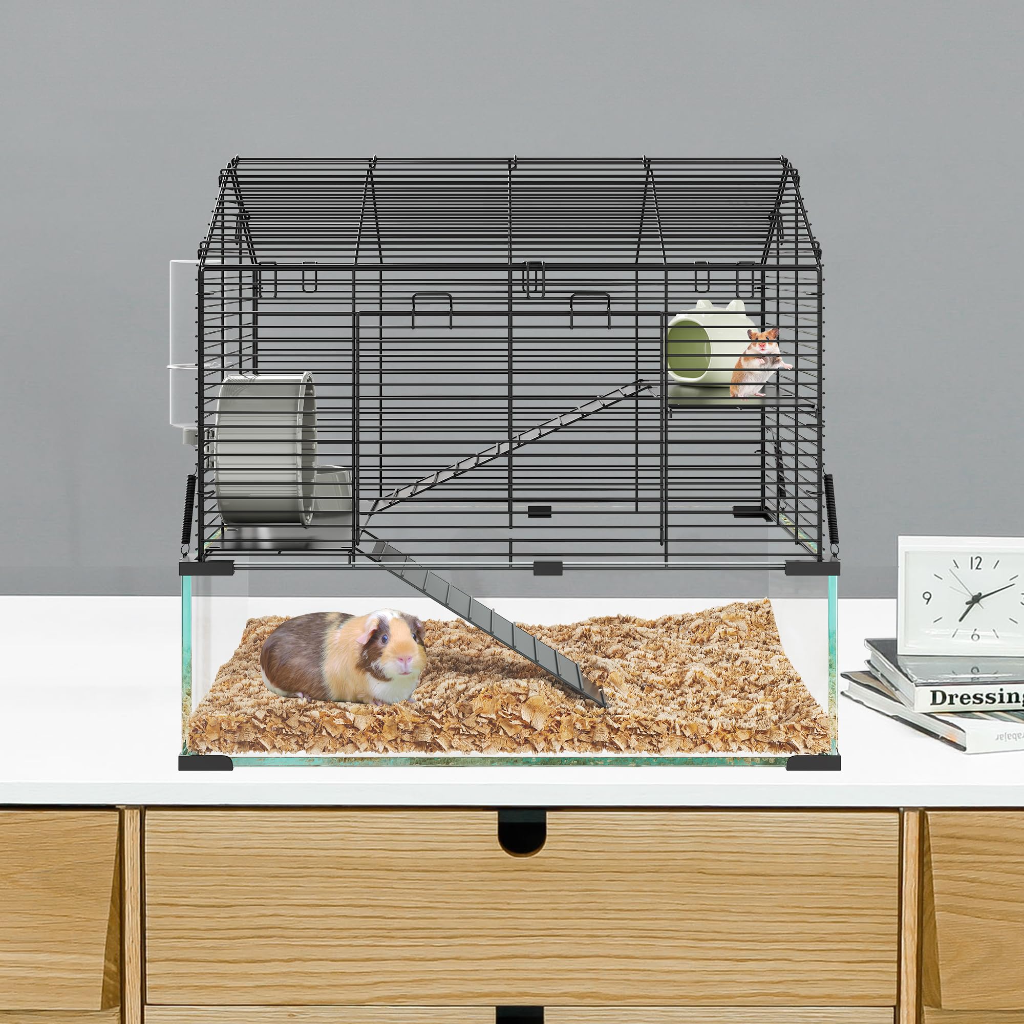 Hamsterkäfig aus Glas und Metallgitter, 360°-Sicht Hamsterlebensraum, Kleintierkäfig 58x39x54 cm, Belüfteter Mäusekäfig mit Wasserflasche, Tragbares Hamsterhaus für Ratten, Meerschweinchen