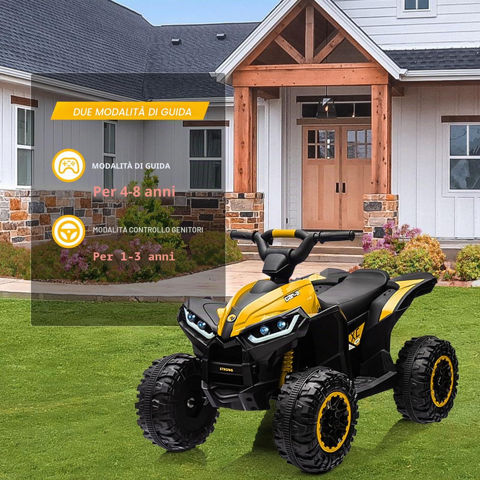 12V Quad elettrico per bambini, auto elettrica per bambini ATV con musica, clacson, faro LED, 83 x 53 x 56 cm, per bambini 3-8 anni (Giallo)