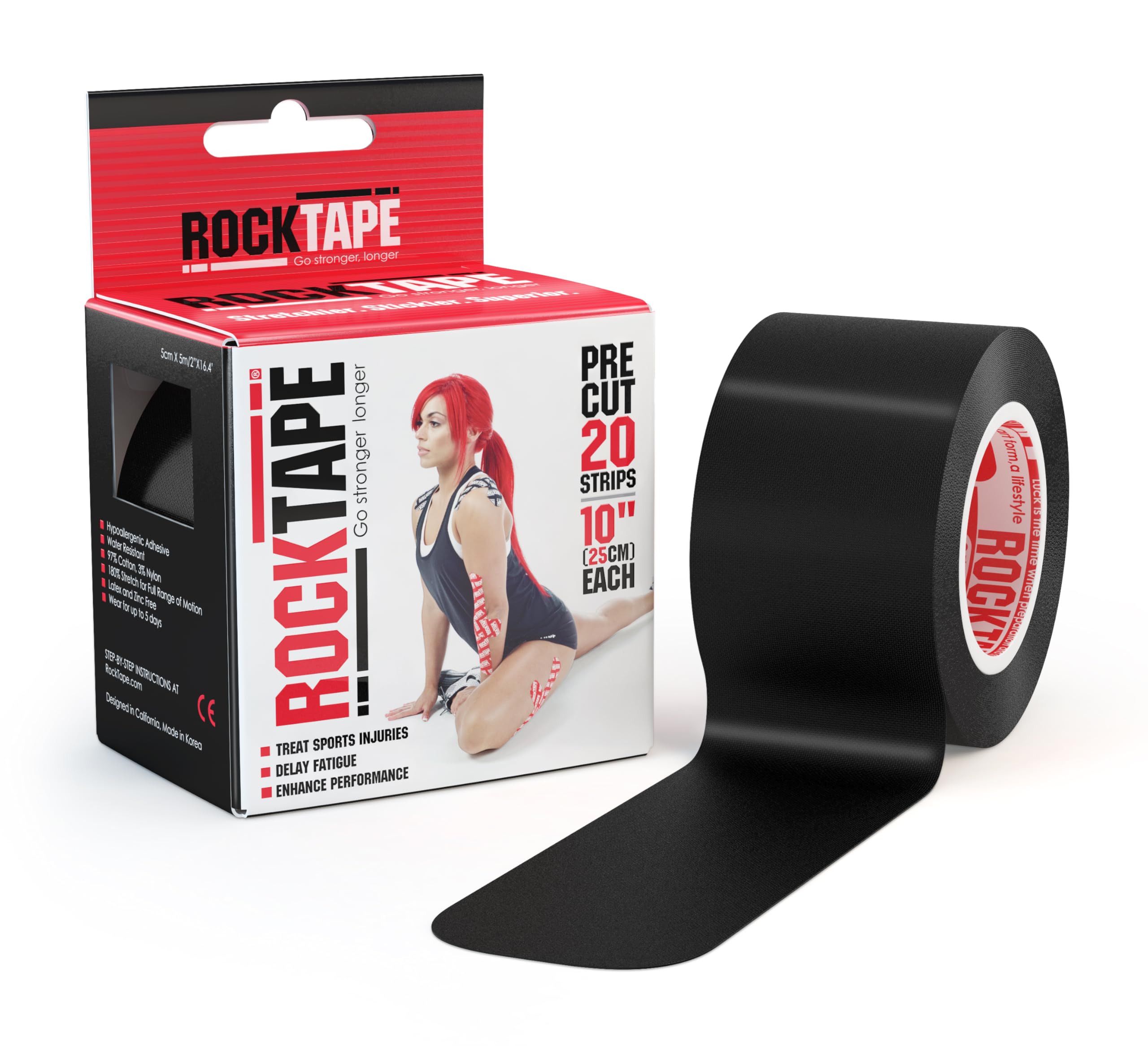RockTape Kinesiology Tape, 10" Pre-Cut Strips, 20 Per Pack, Black