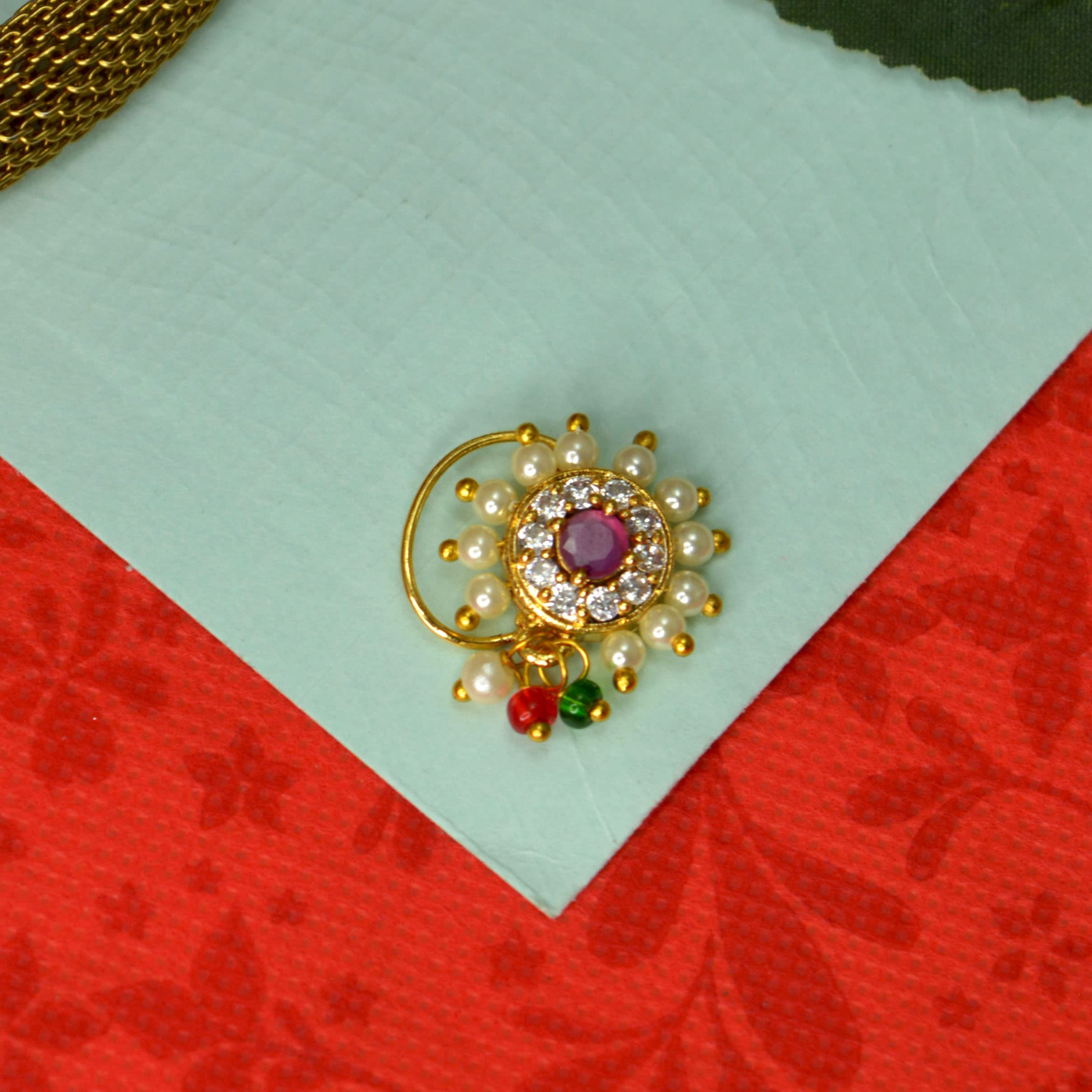 Buy JEWELOPIA Maharashtrian Nath CZ Nose Ring Without Piercing Pearl