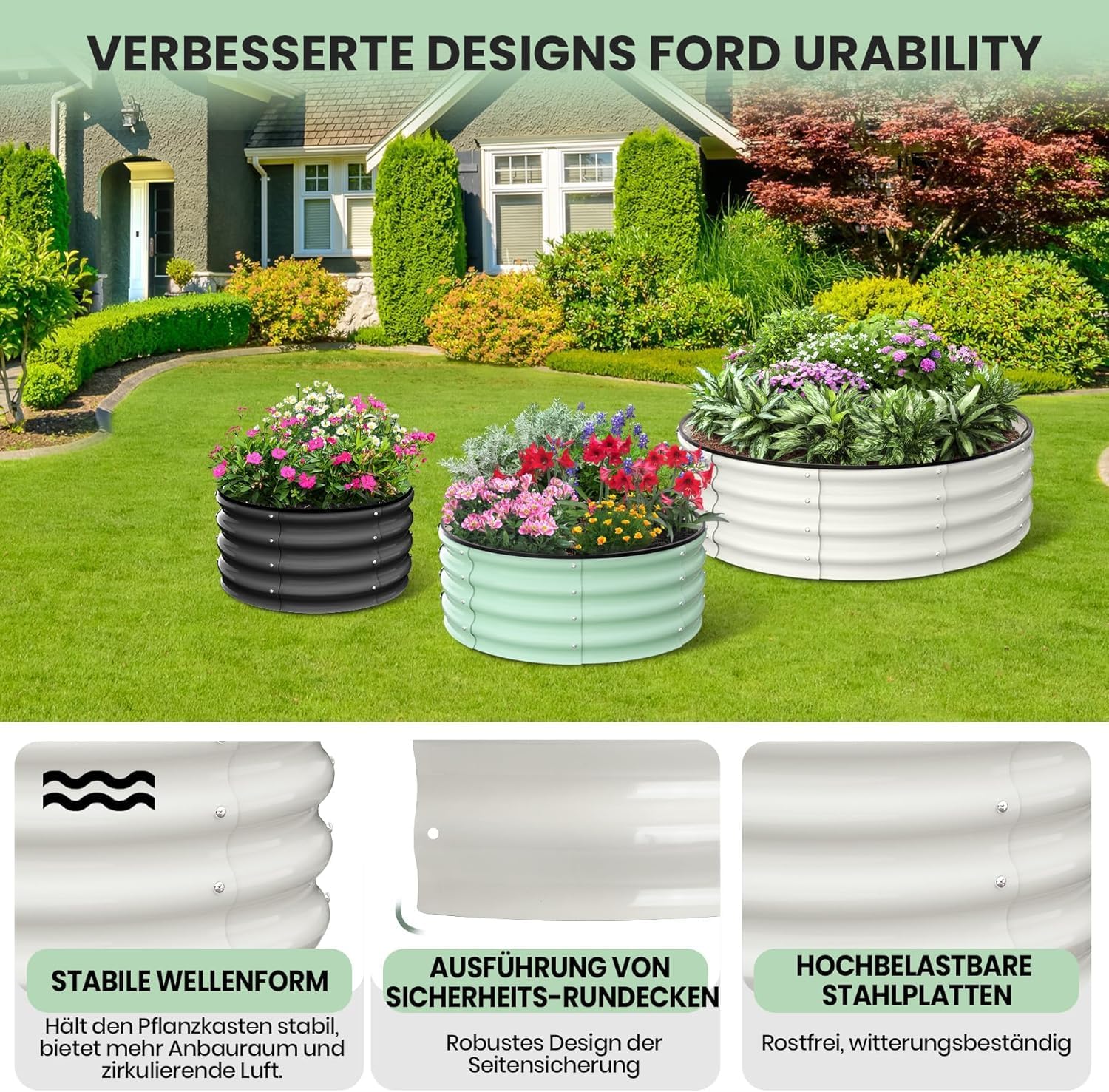 Huerto Elevado Ovalado y Circular de Pie para Jardinería Exterior, Terraza, Balcón, Espesor 0,7 mm, para Tomates, Verduras, Flores, Hierbas Aromáticas, 4×4×1FT, Blanco Crema, Juego de 2
