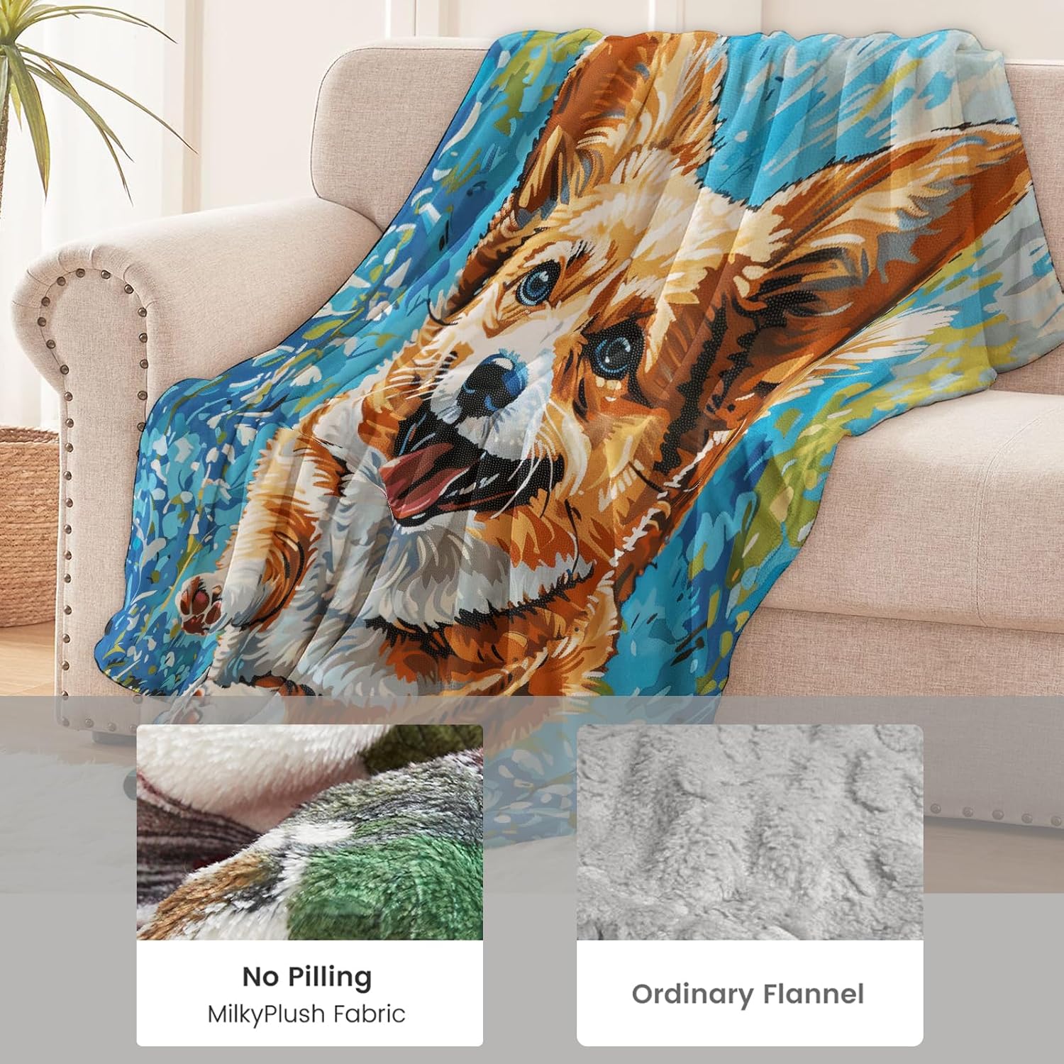 Playful Corgi Dog Blanket for Girls Boys Kids, Flannel Cute Vibrant Blankets Gifts, Meadow Botanical and Puppy Soft Warm Cozy Throws for Sofa Couch Bed Living Room Bedroom Home Decor 60" x 50" - Image 5